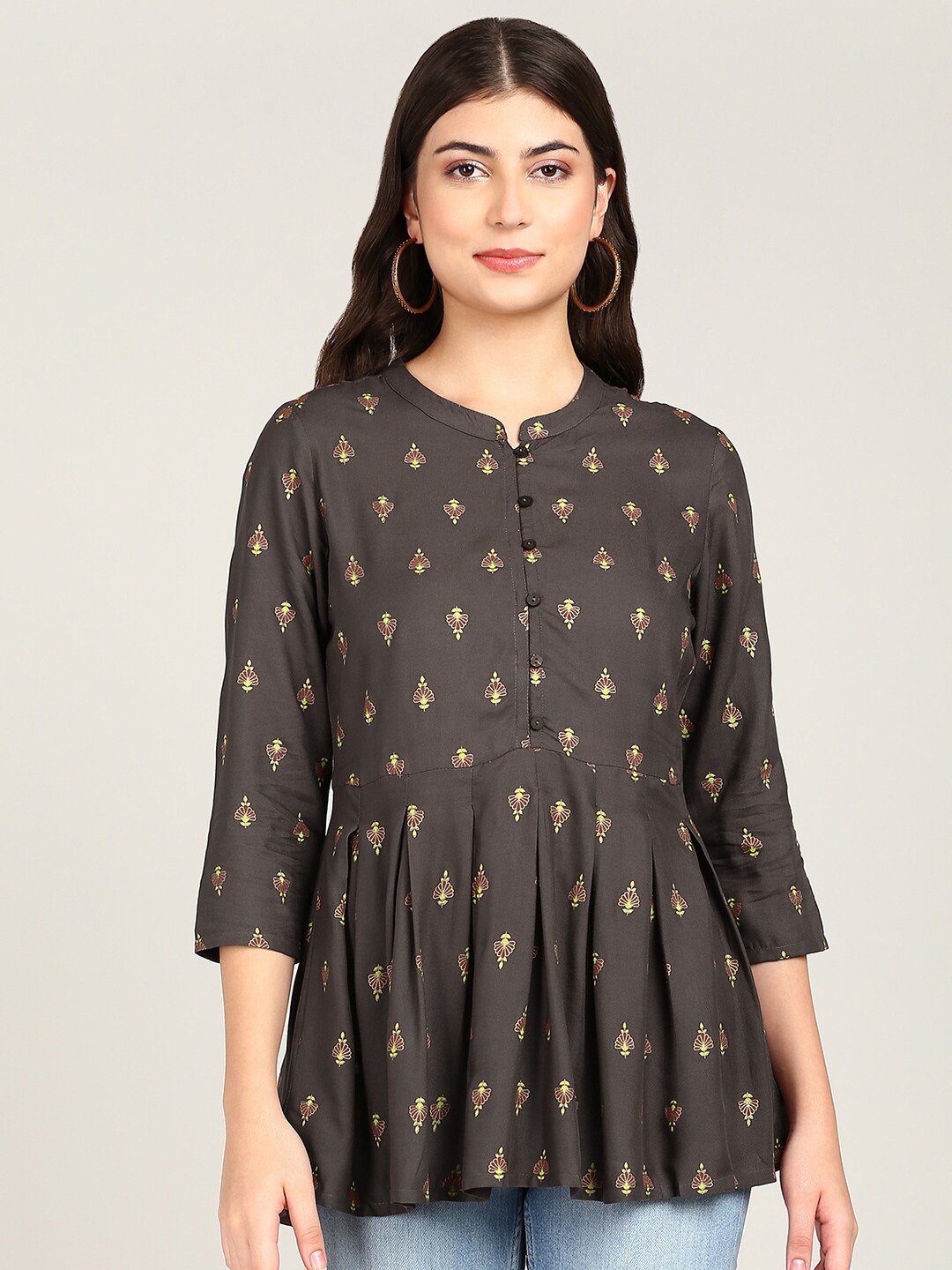

MALHAAR Ethnic Motifs Printed Mandarin Collar Pleated A-Line Kurti, Brown