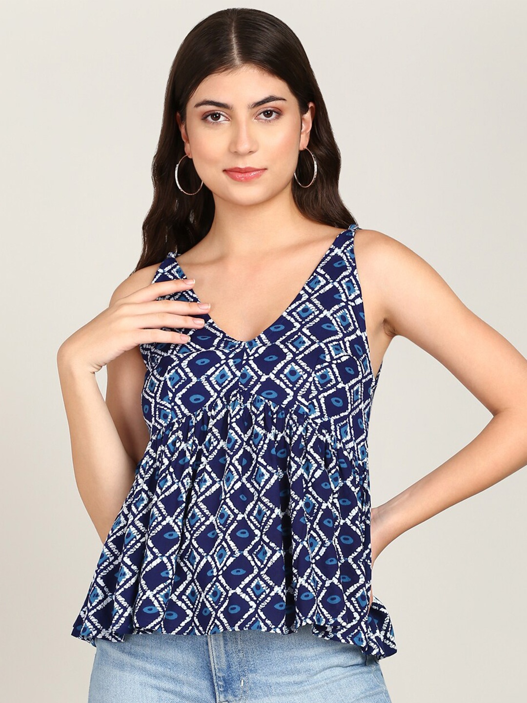 

MALHAAR Geometric Printed V-Neck Empire Top, Blue