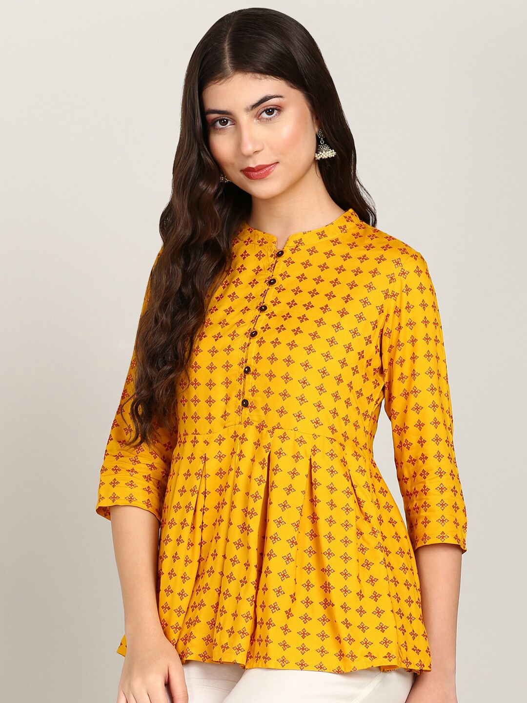 

MALHAAR Ethnic Motifs Printed Mandarin Collar Pleated A-Line Kurti, Mustard