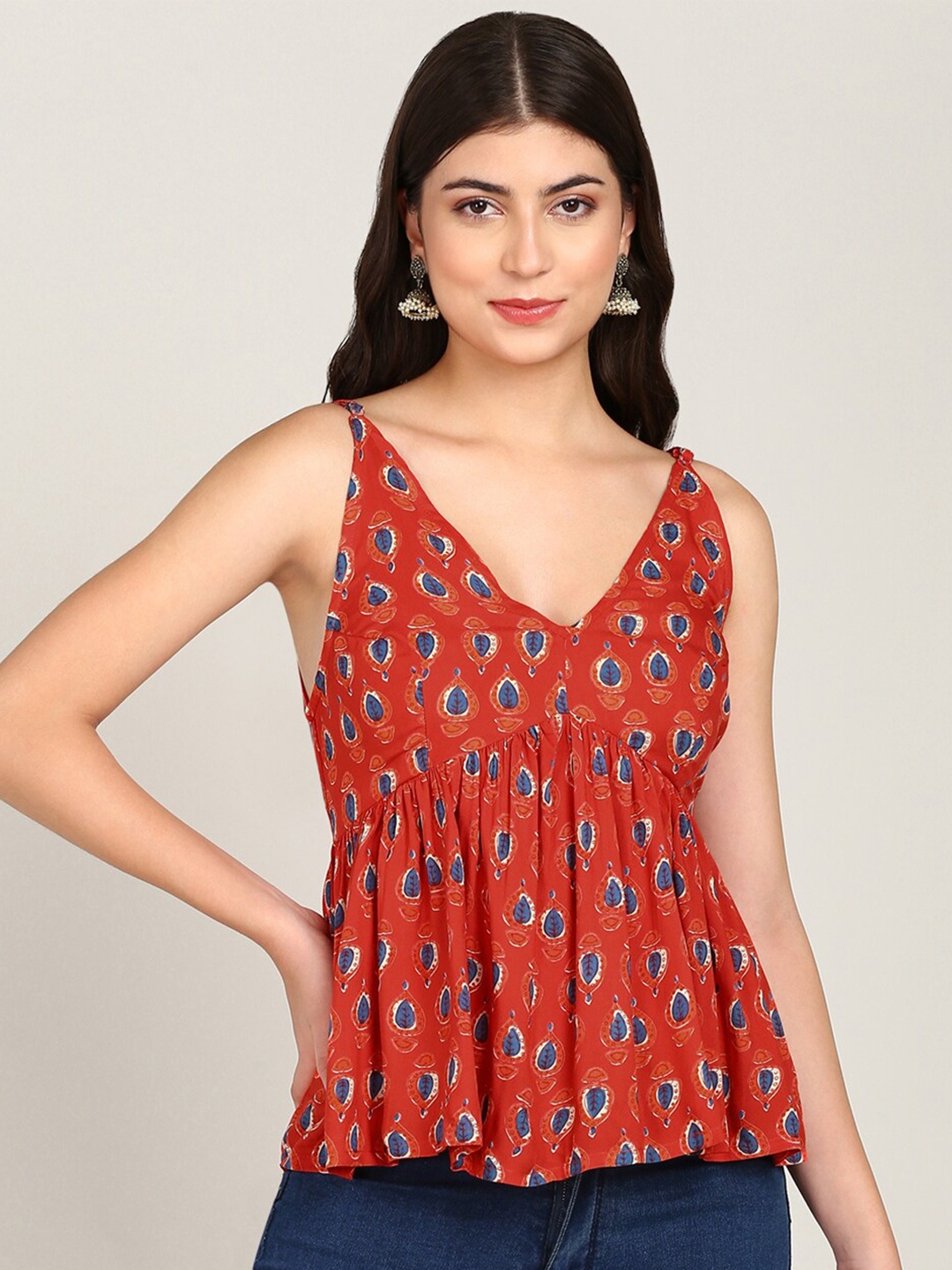 

MALHAAR Ethnic Motifs Printed V-Neck Empire Top, Red