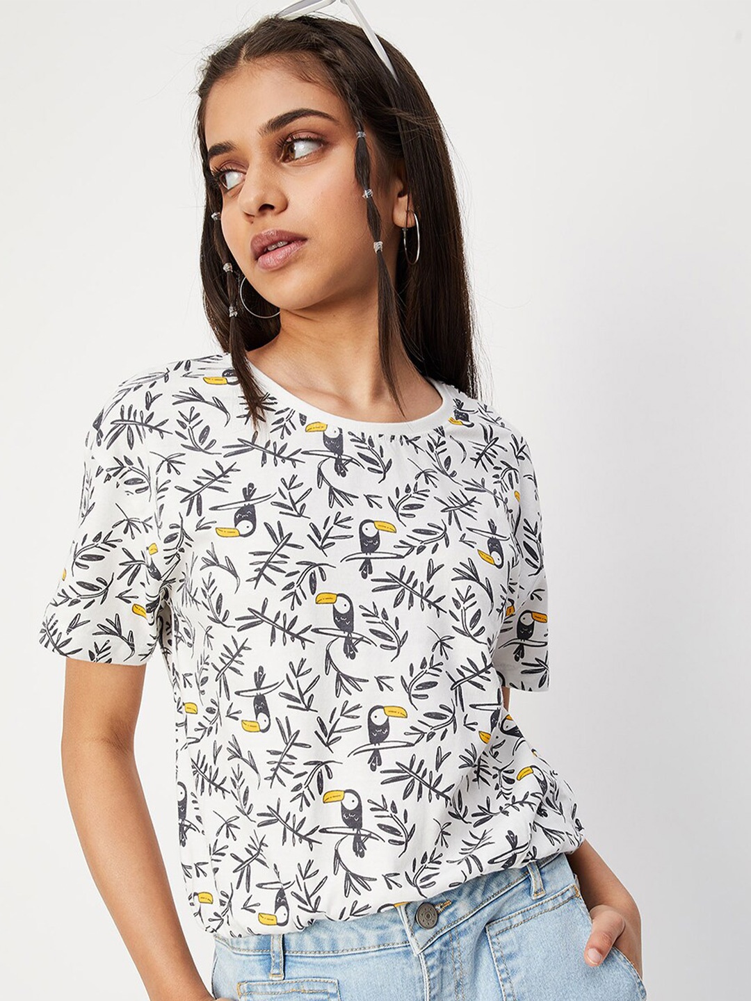 

max Girls Floral Printed Drop-Shoulder Sleeves Pure Cotton T-Shirt, White