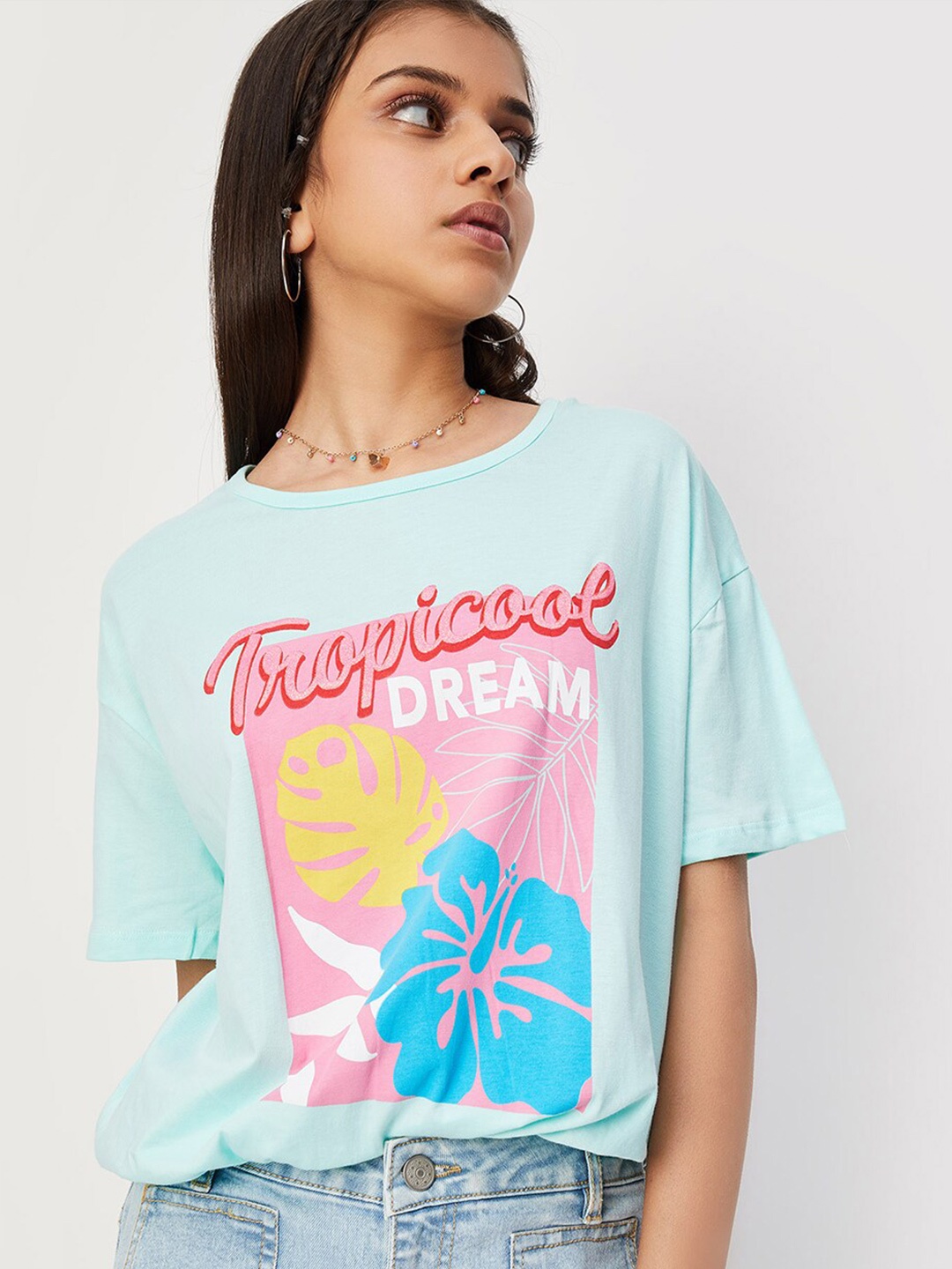 

max Girls Graphic Printed Extended Sleeves Pure Cotton T-shirt, Blue