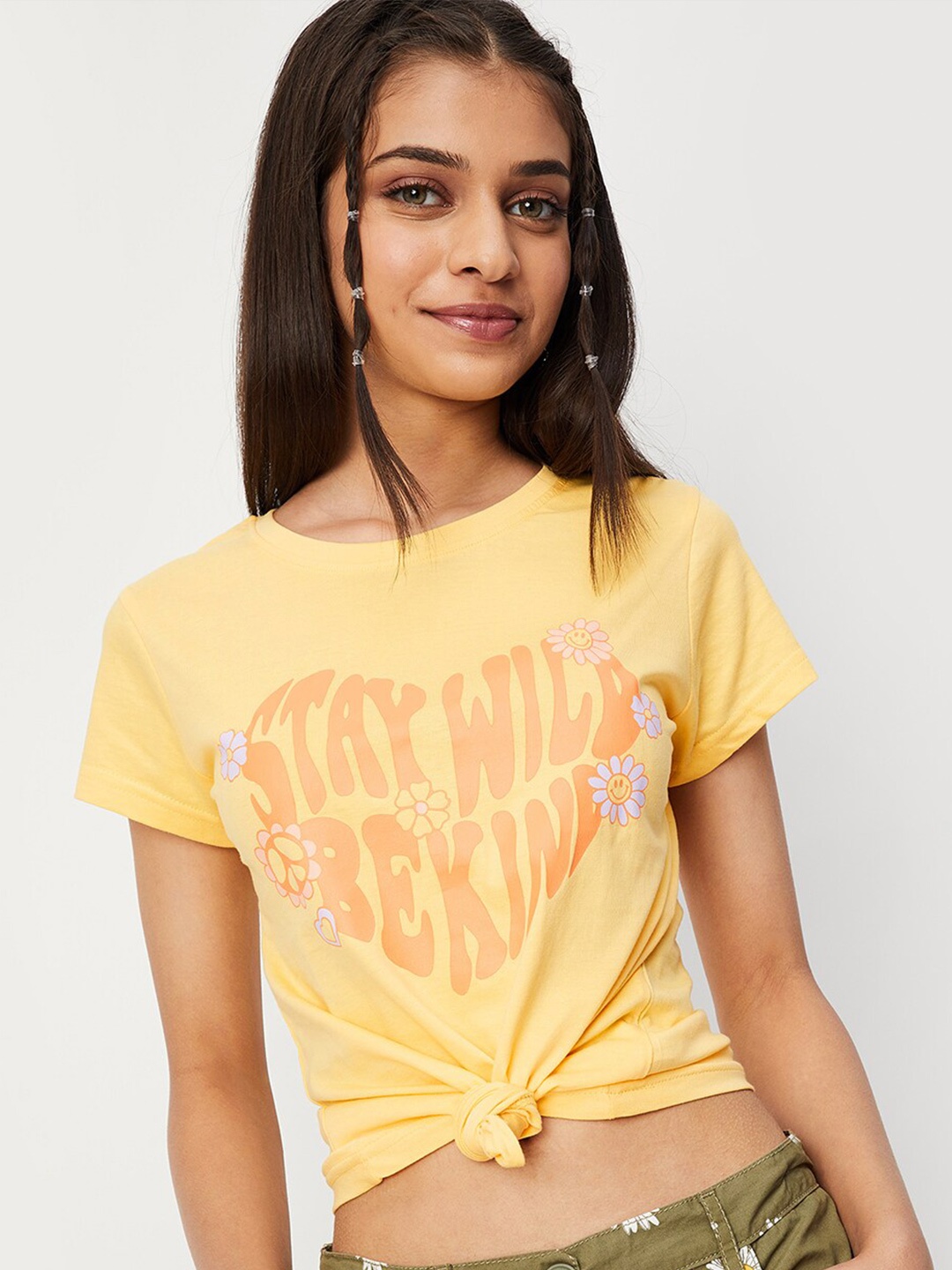 

max Girls Typography Printed Pure Cotton T-shirt, Yellow