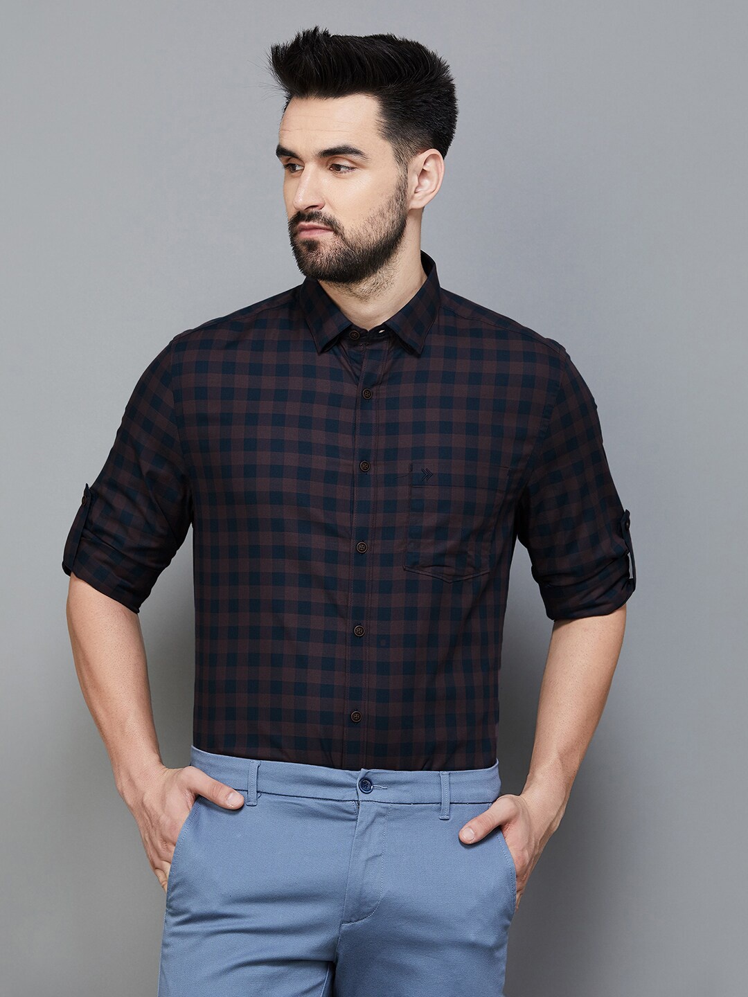 

CODE by Lifestyle Windowpane Checked Cotton Casual Shirt, Blue