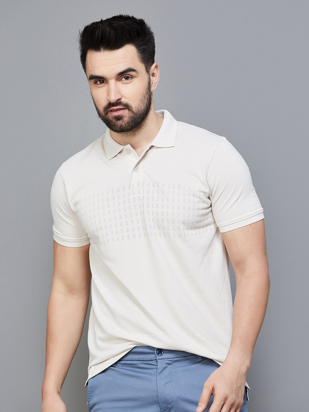 

CODE by Lifestyle Geometric Printed Polo Collar Relaxed Fit Cotton T-Shirt, Beige