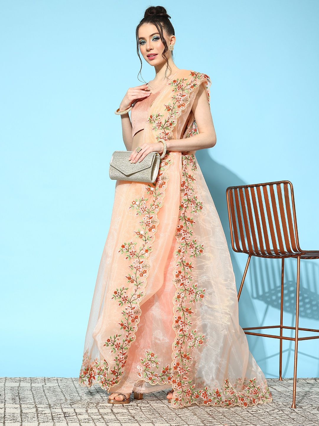 

Saree mall Floral Embroidered Organza Sarees, Peach