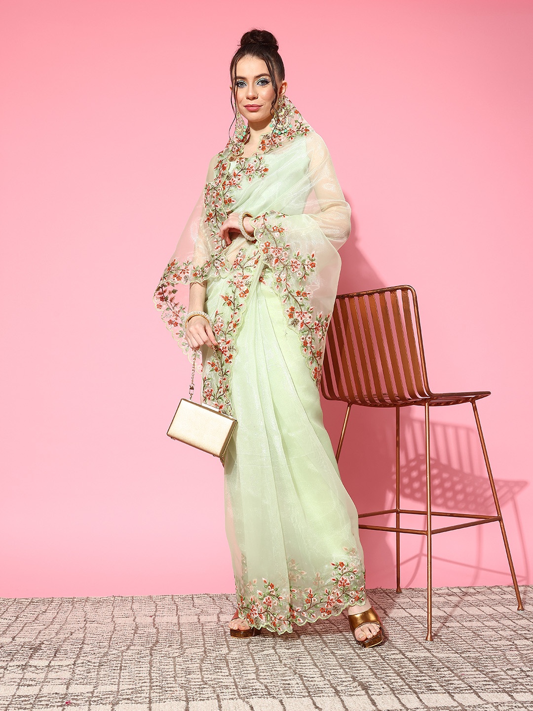 

Saree mall Floral Embroidered Organza Sarees, Sea green