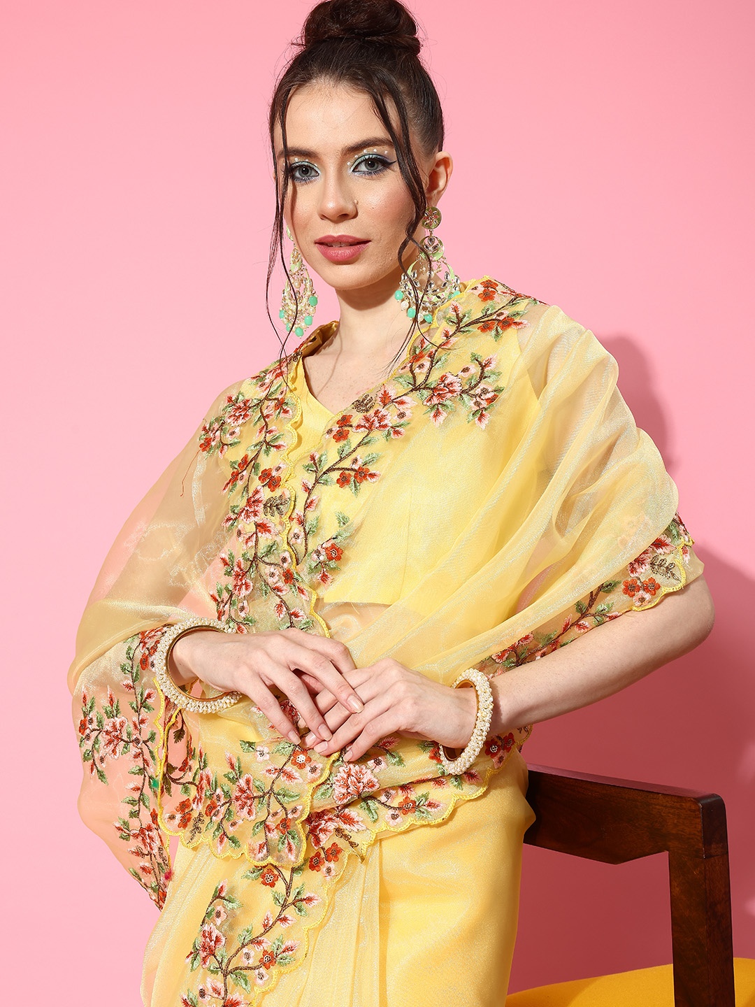 

Saree mall Floral Embroidered Organza Sarees, Yellow