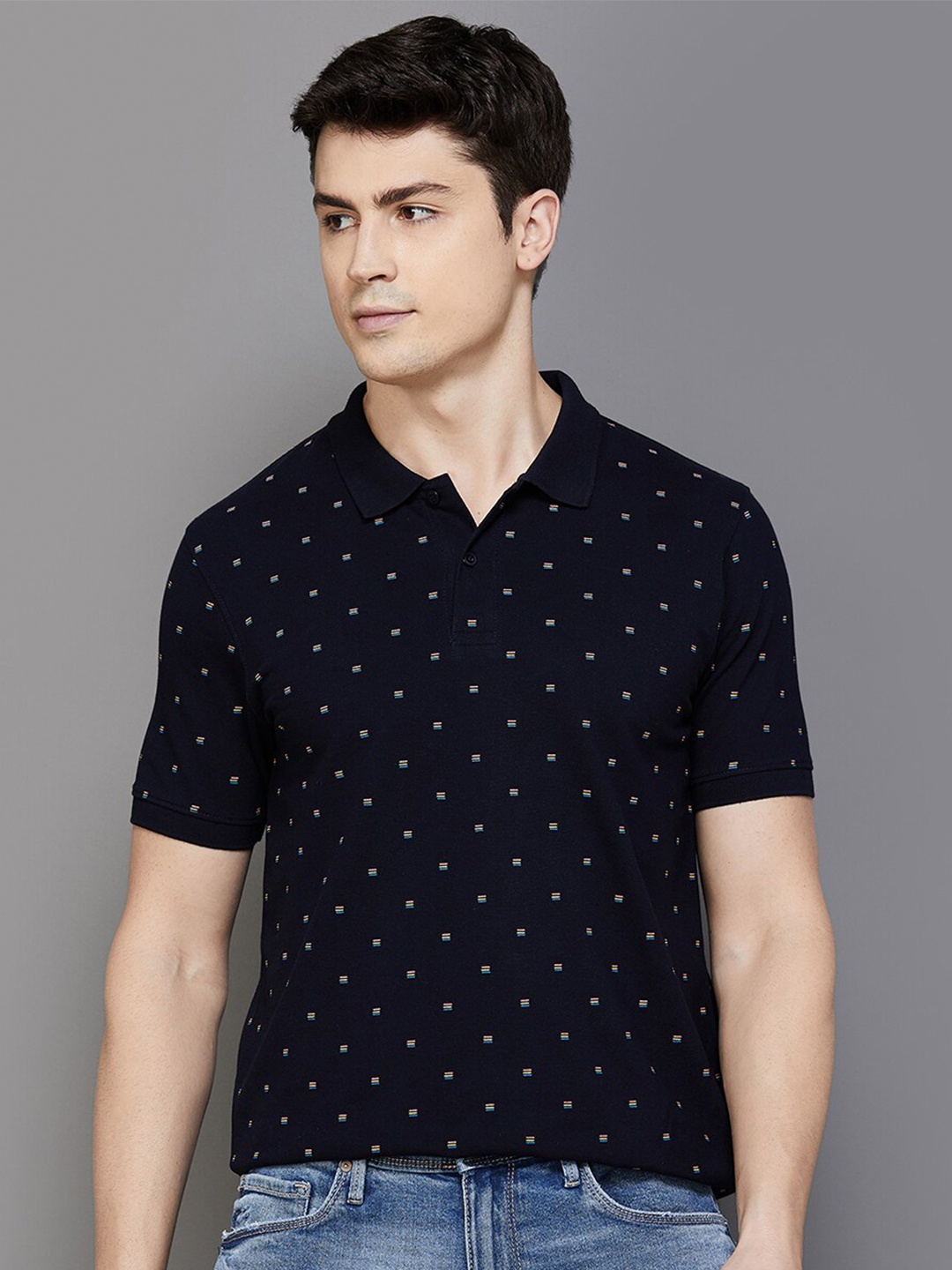 

Fame Forever by Lifestyle Micro Ditsy Printed Polo Collar T-shirt, Blue