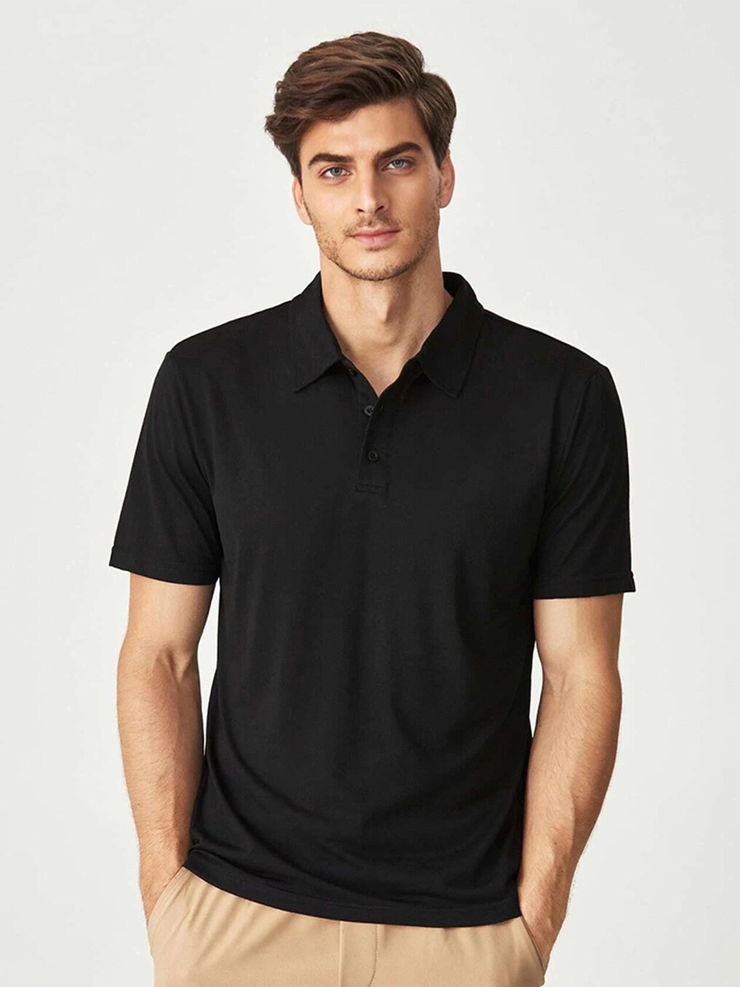

Kotty Men Black Polo Collar Extended Sleeves Pockets T-shirt