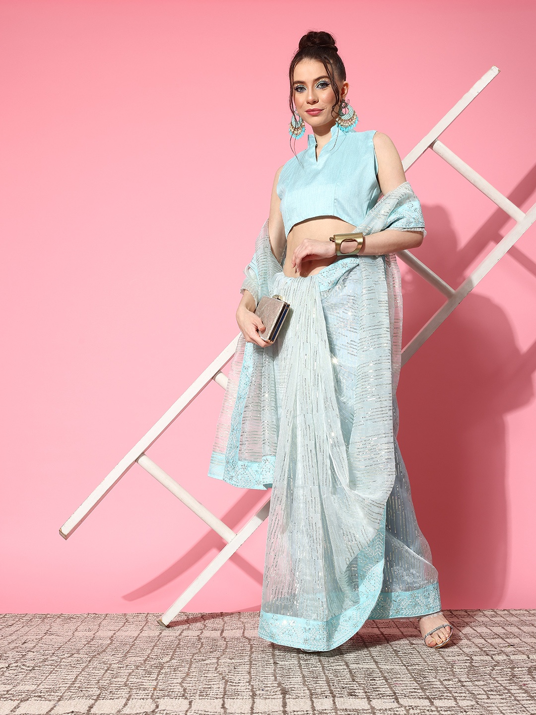 

Saree mall Embellished Sequinned Organza Sarees, Turquoise blue