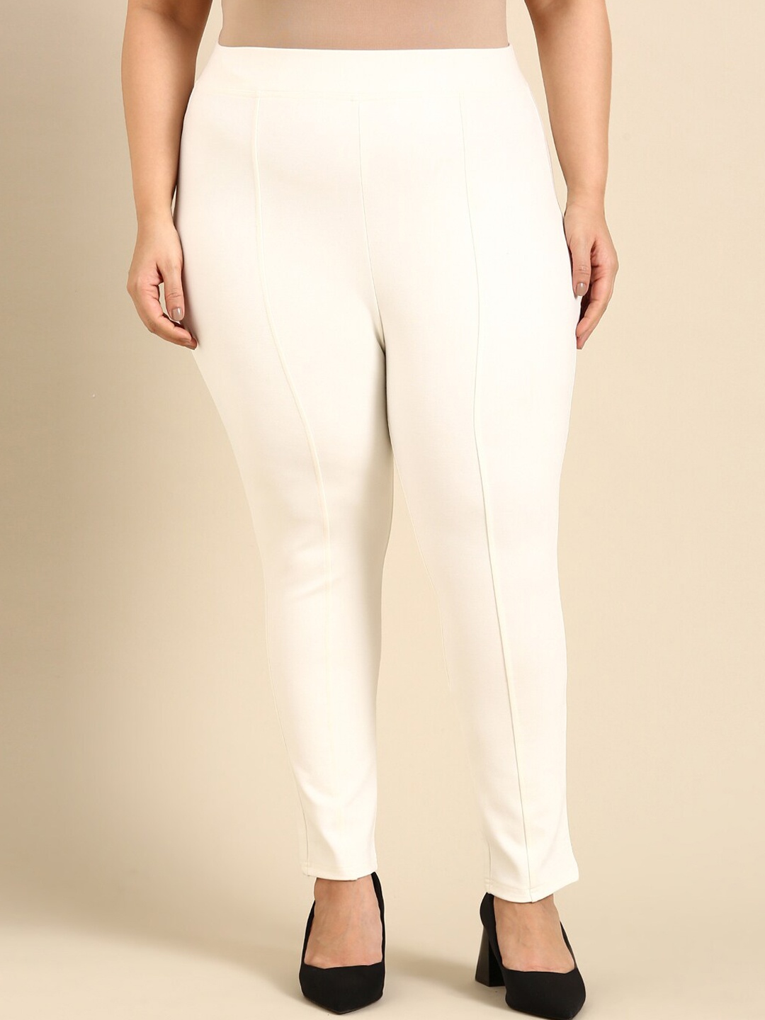 

The Pink Moon Women Plus Size Slim Fit High-Rise Trousers, White