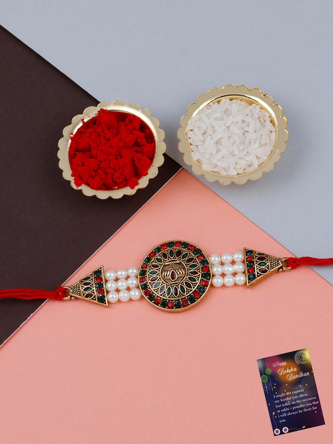 

Silver Shine Pack of 4 Rakhi For Bhabhi Bhaiya With Roli Chawal & Greeting Card, Multi