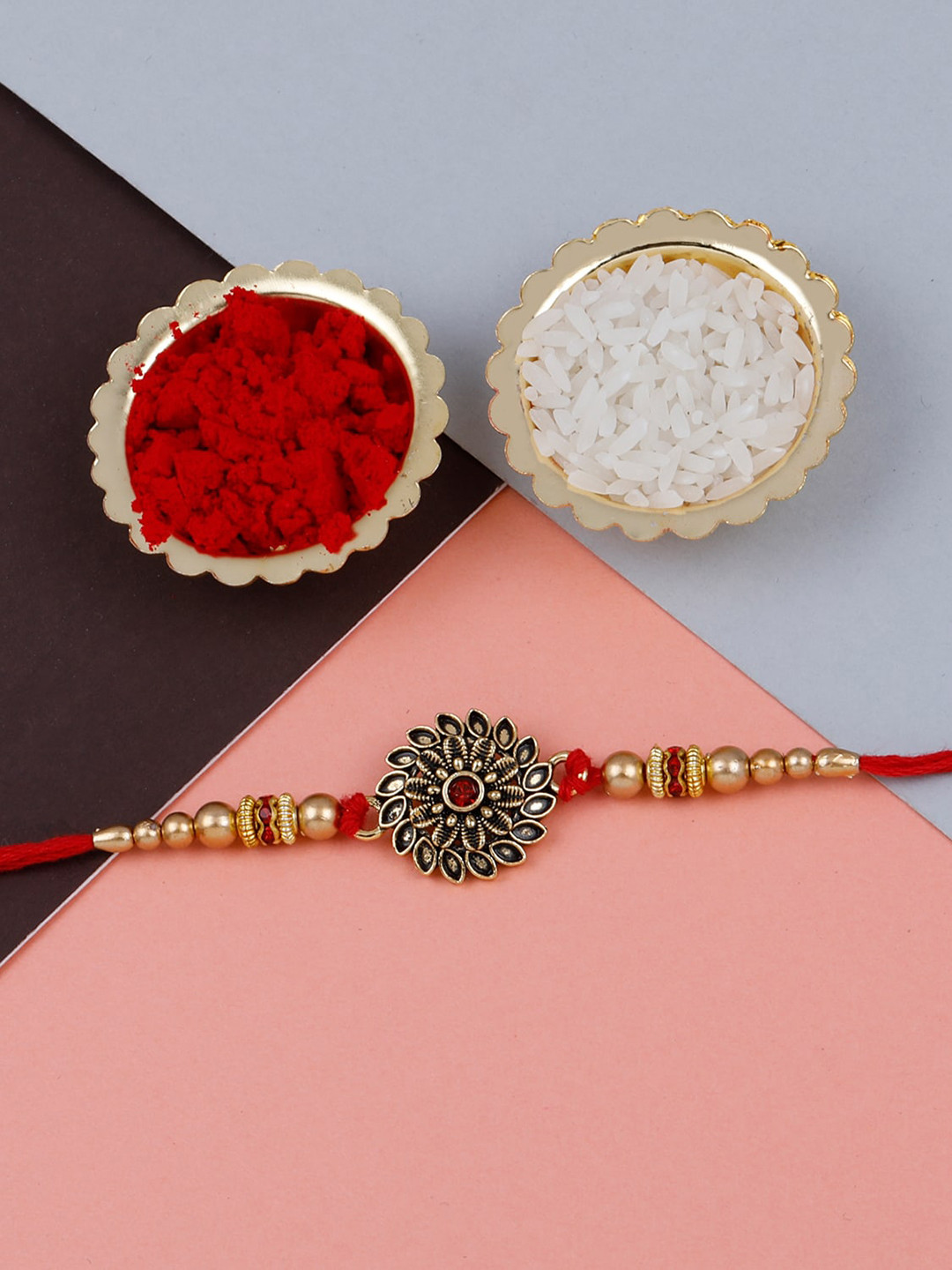 

Silver Shine Rakhi For Bhabhi Bhaiya With Roli Chawal & Greeting Card, Gold