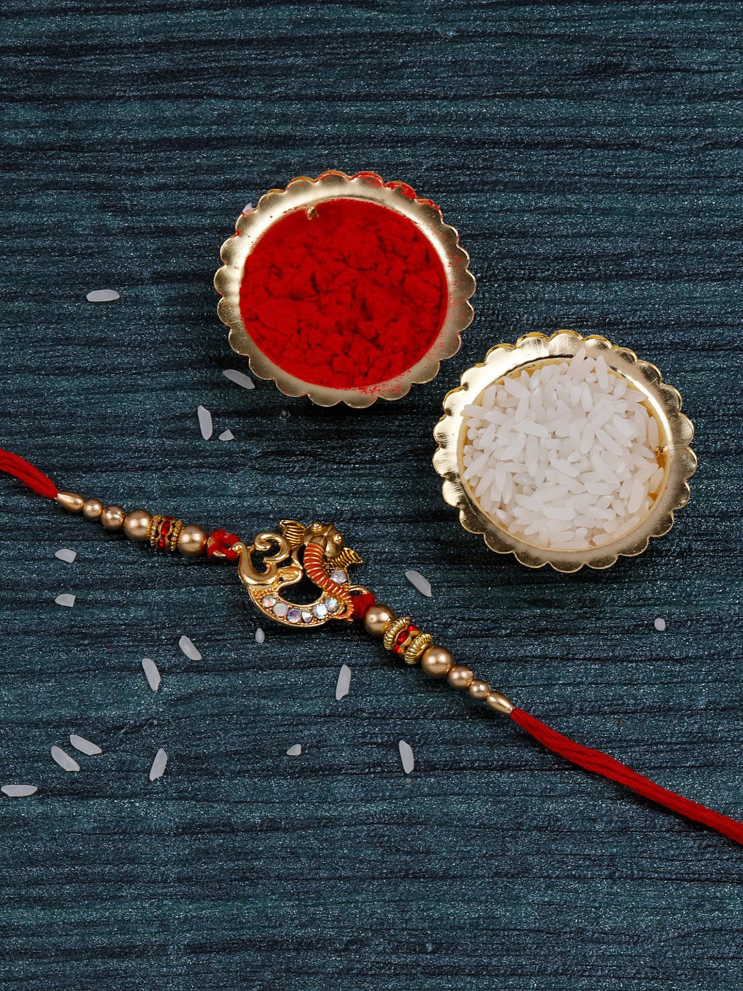 

Silver Shine Rakhi For Bhabhi Bhaiya With Roli Chawal & Greeting Card, Gold