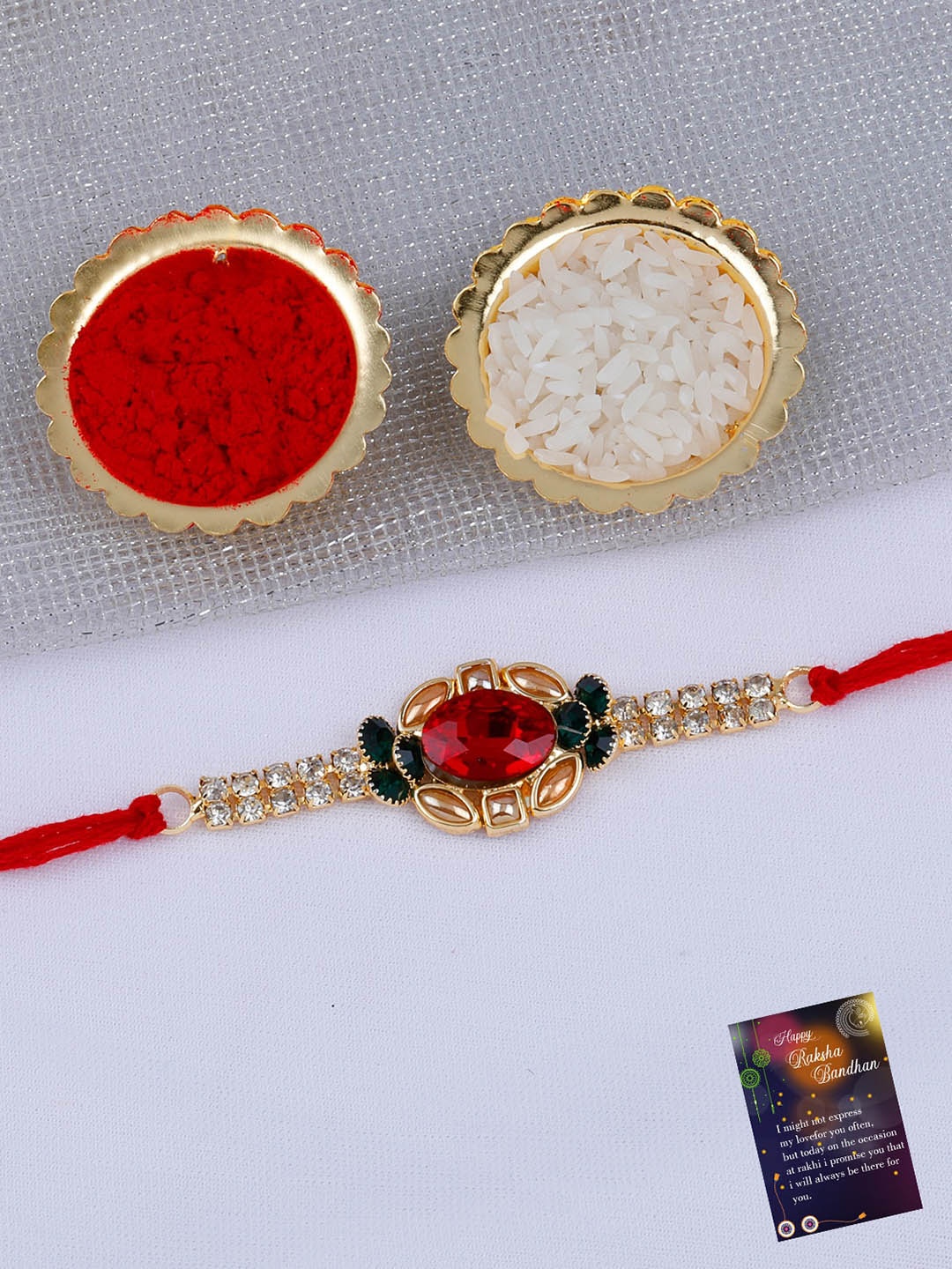 

Silver Shine Rakhi For Bhabhi Bhaiya With Roli Chawal & Greeting Card, Gold