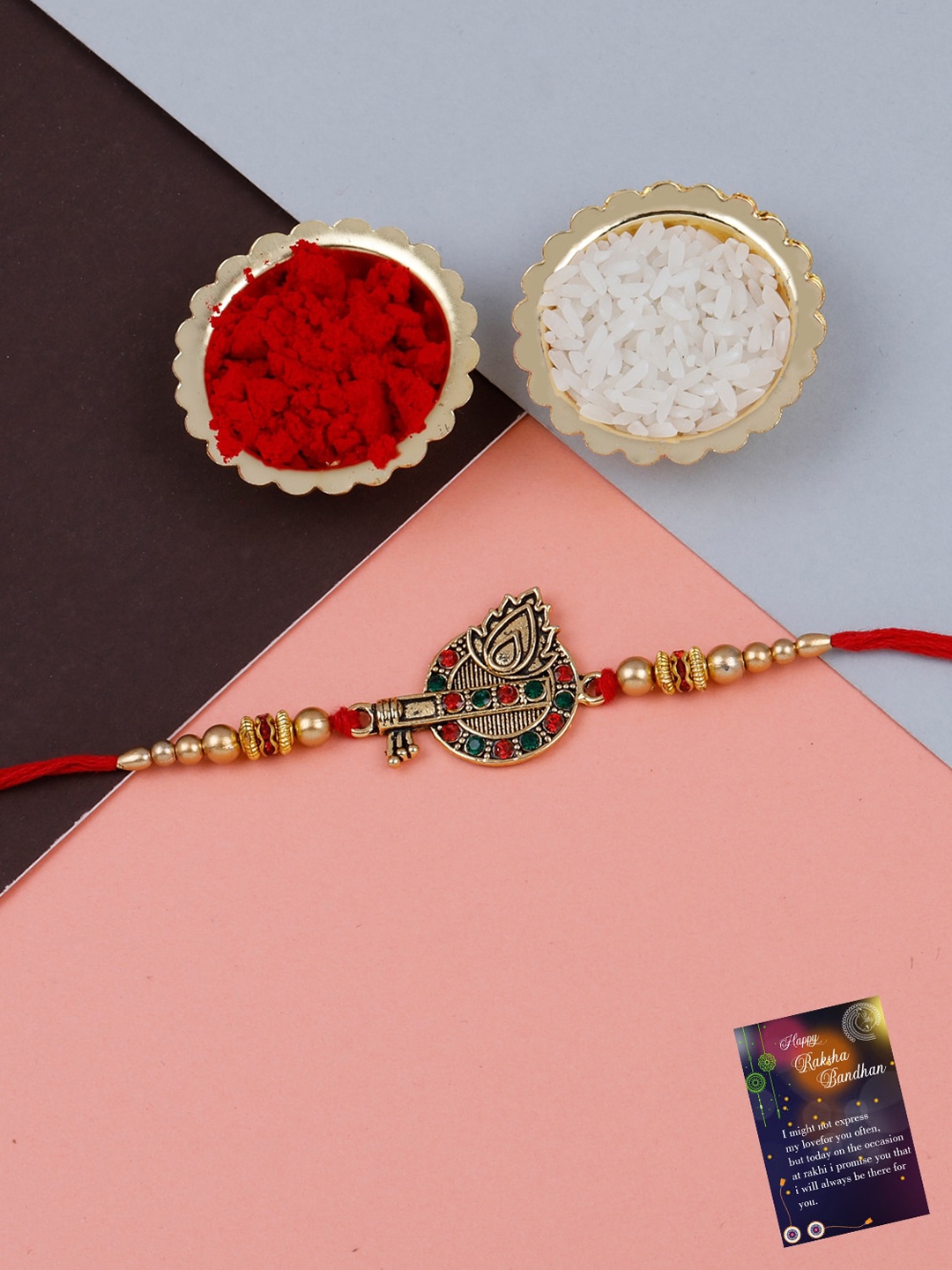 

Silver Shine Rakhi For Bhabhi Bhaiya With Roli Chawal & Greeting Card, Gold