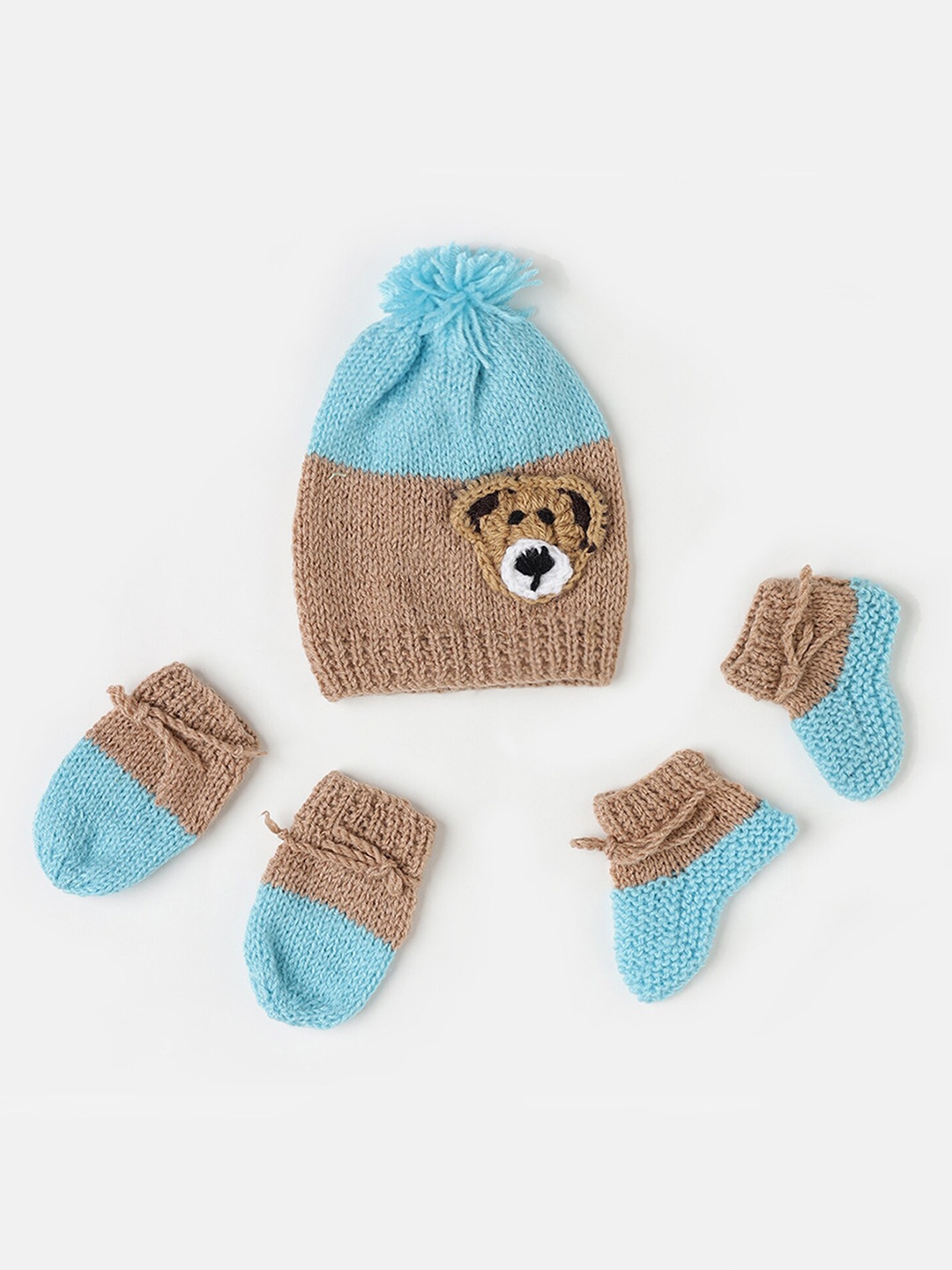 

The Original Knit Unisex Kids Colourblocked Acrylic Beanie With Socks & Mittens, Blue