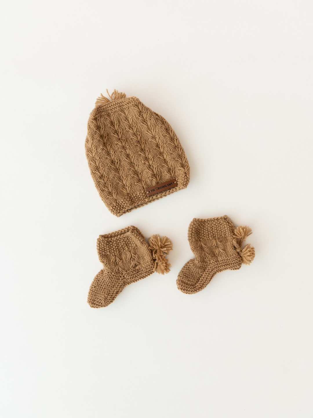 

The Original Knit Kids Self Design Acrylic Beanie With Socks, Camel brown