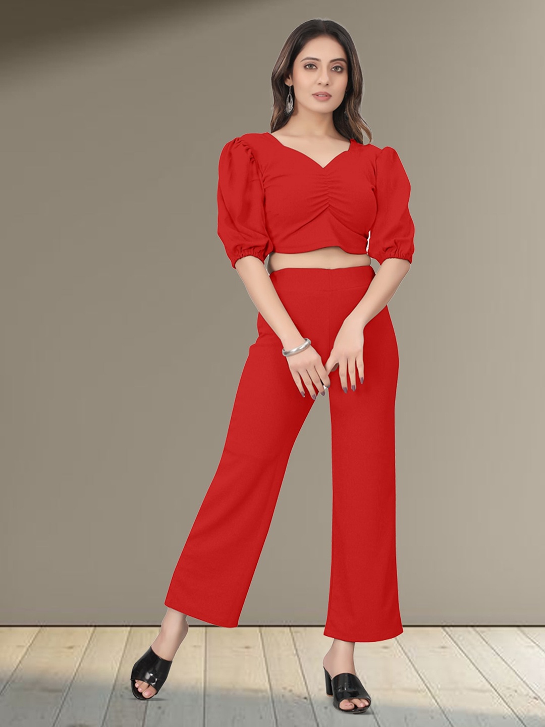 

N N ENTERPRISE Red Puff Sleeve Fit & Flare Dress