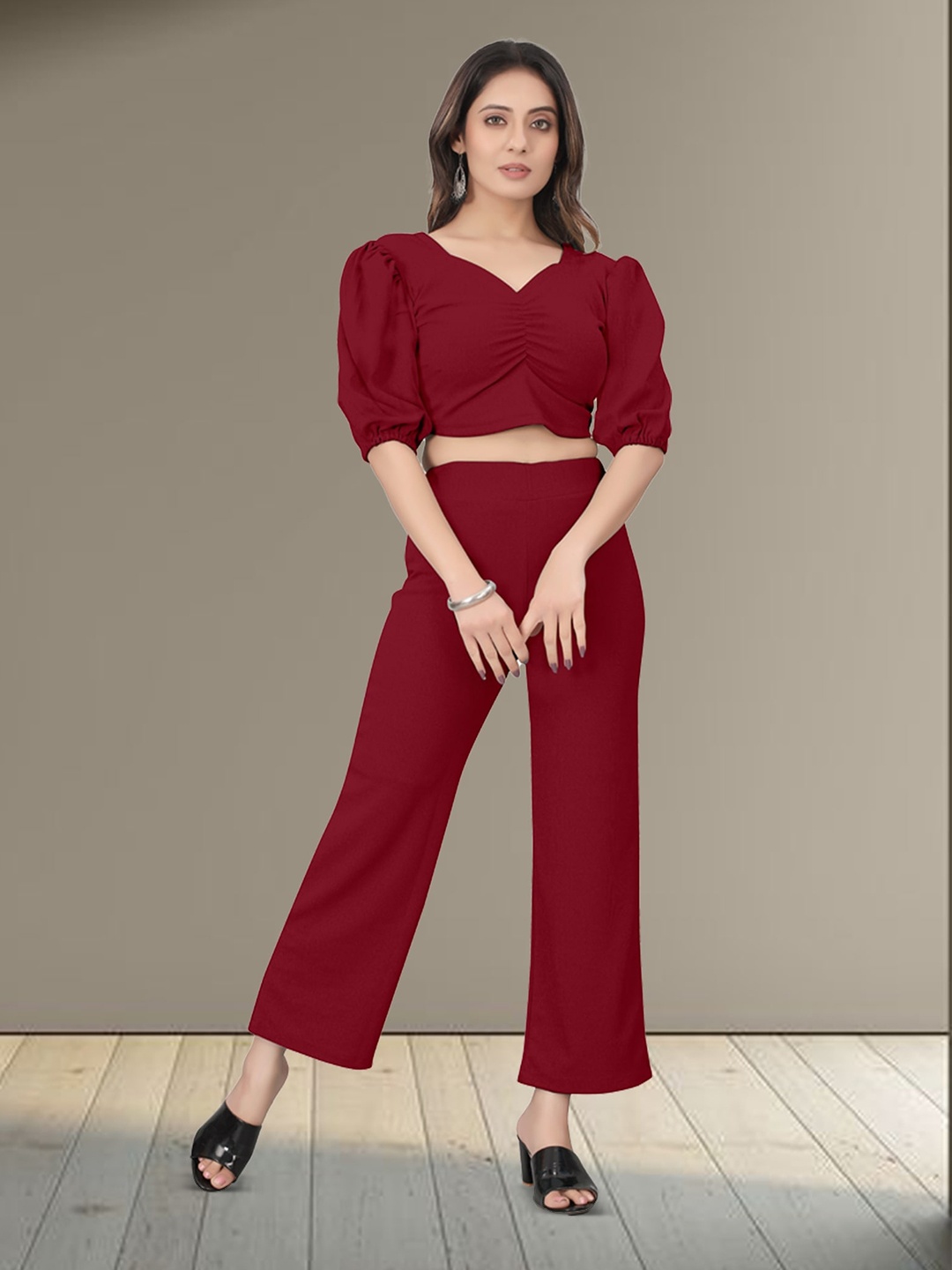 

N N ENTERPRISE Maroon Puff Sleeve Fit & Flare Maxi Dress