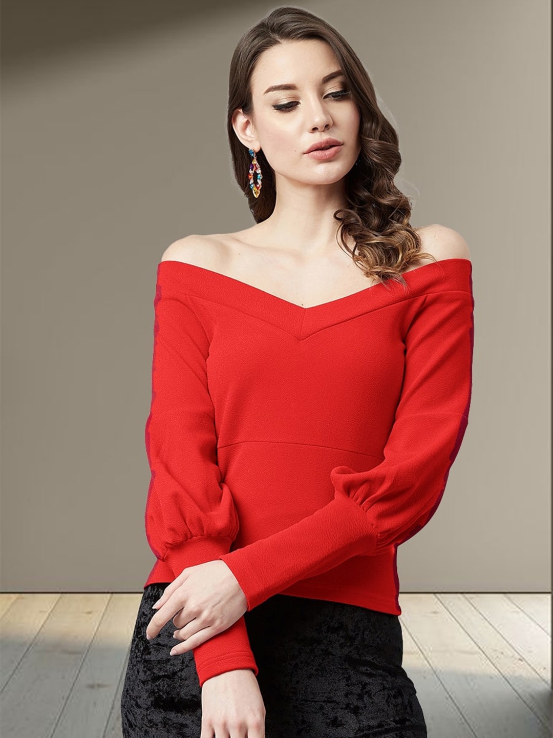 

N N ENTERPRISE Off-Shoulder Puff Sleeves Regular Top, Red