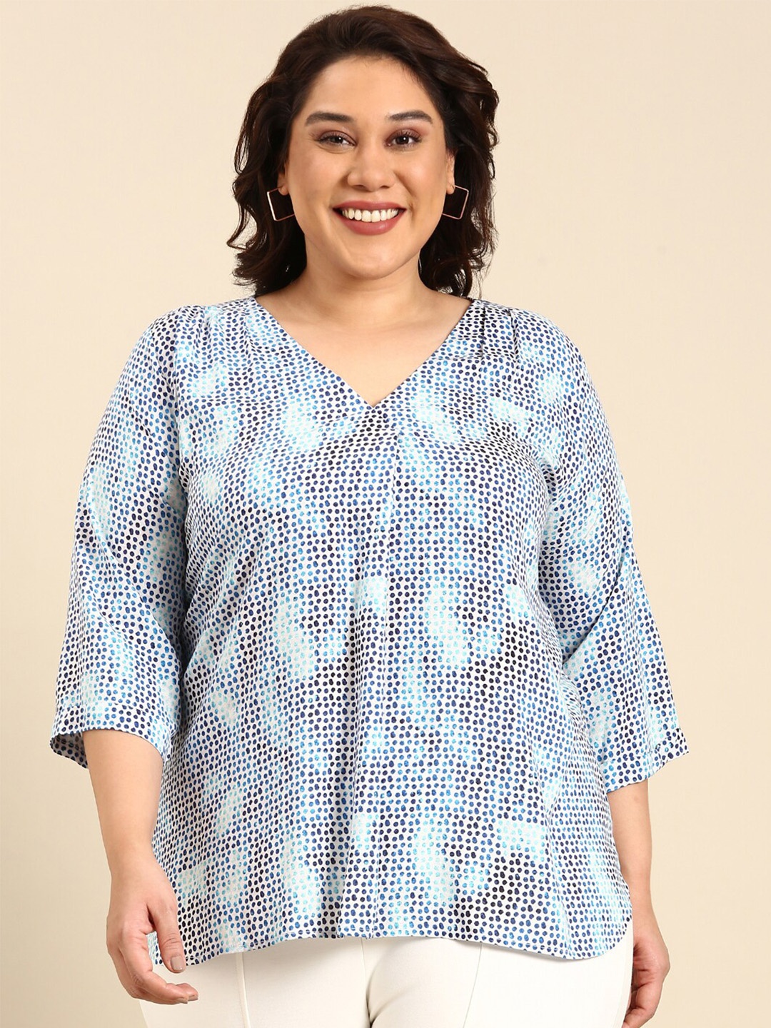 

The Pink Moon Plus Size Polka Dot Printed V-Neck Gathered Detail Top, White