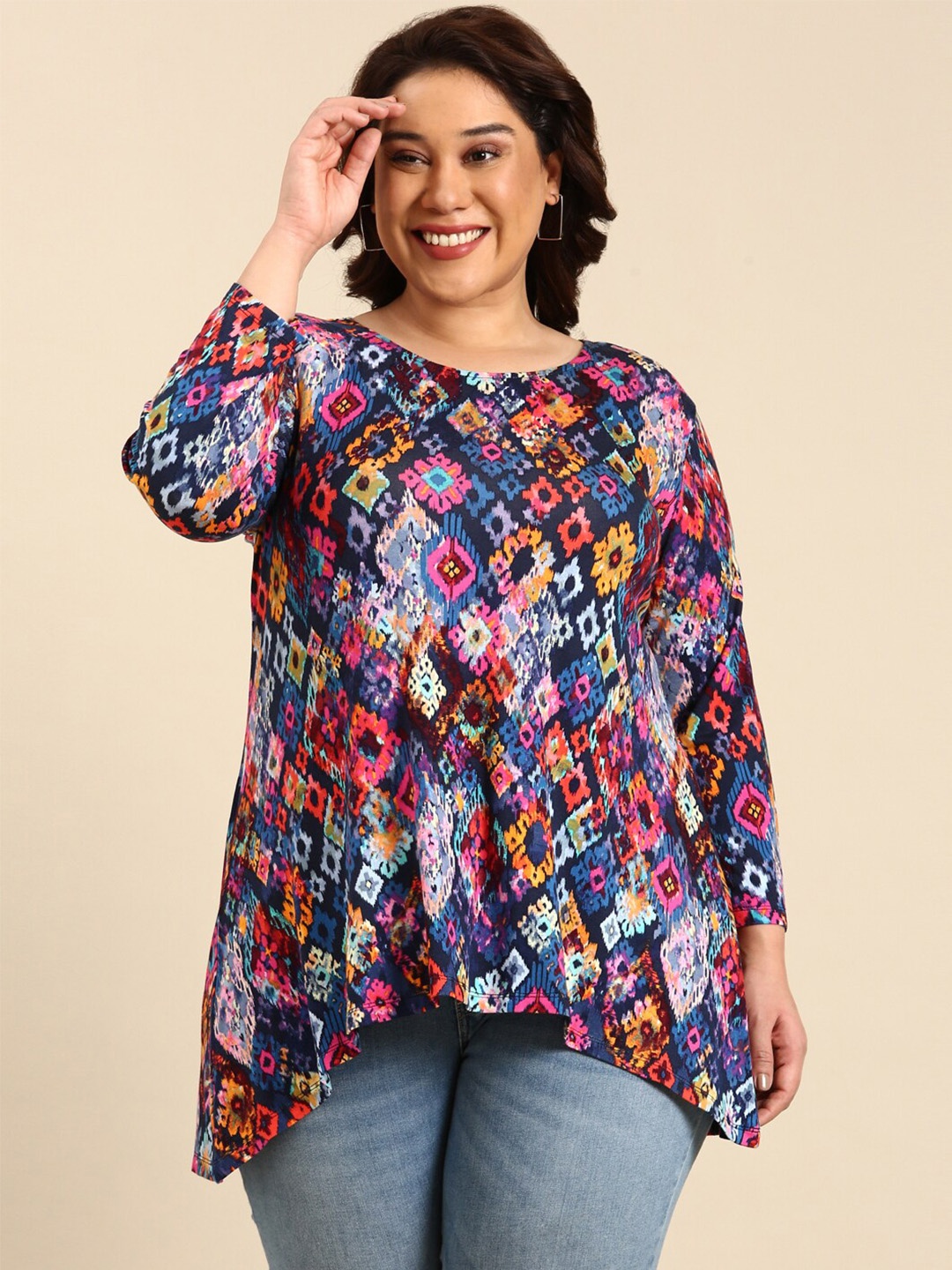 

The Pink Moon Plus Size Floral Printed High-Low Top, Navy blue