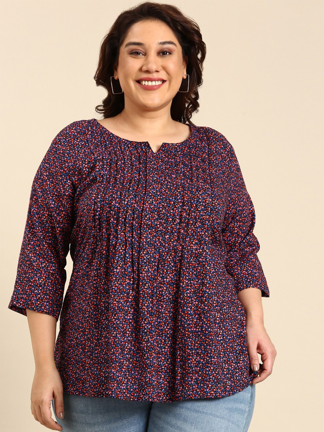 

The Pink Moon Plus Size Floral Printed Pin Tucks Detail Cotton Top, Black