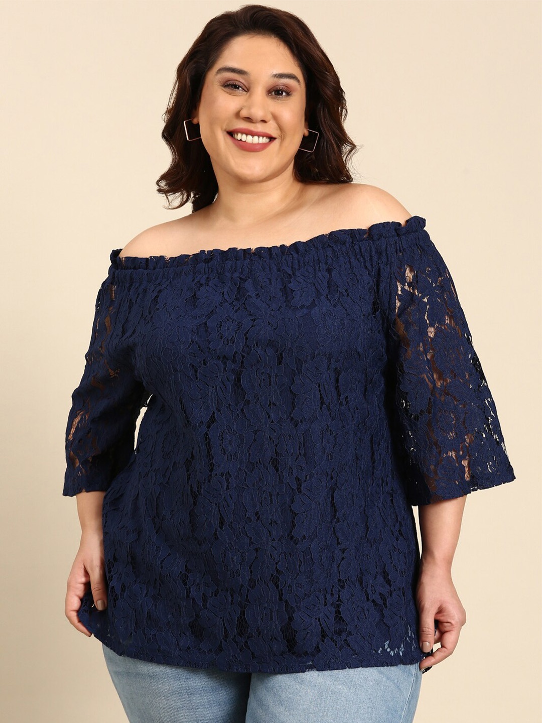 

The Pink Moon Plus Size Self Design Off-Shoulder Bardot Top, Navy blue