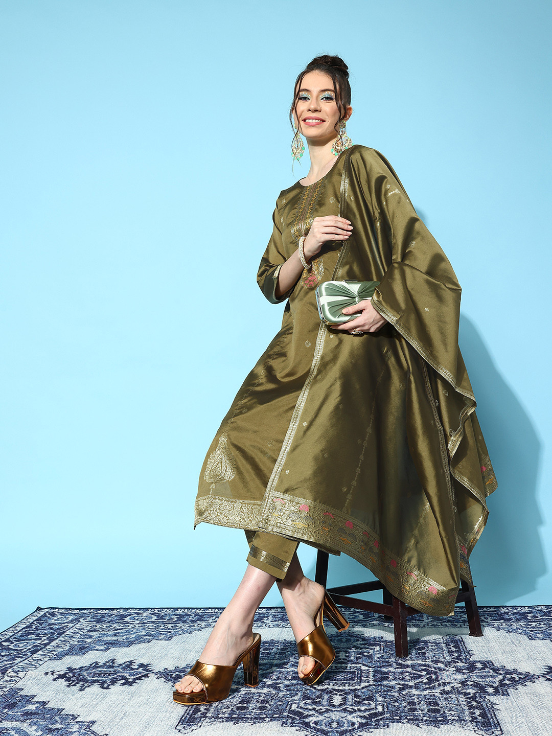 

Sangria Women Ethnic Motifs Yoke Design Chanderi Silk Kurta with Trousers & Dupatta, Olive