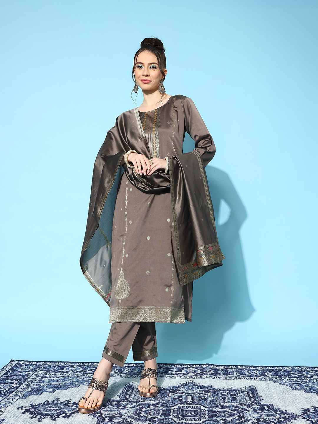

Sangria Women Ethnic Motifs Yoke Design Chanderi Silk Kurta with Trousers & Dupatta, Grey