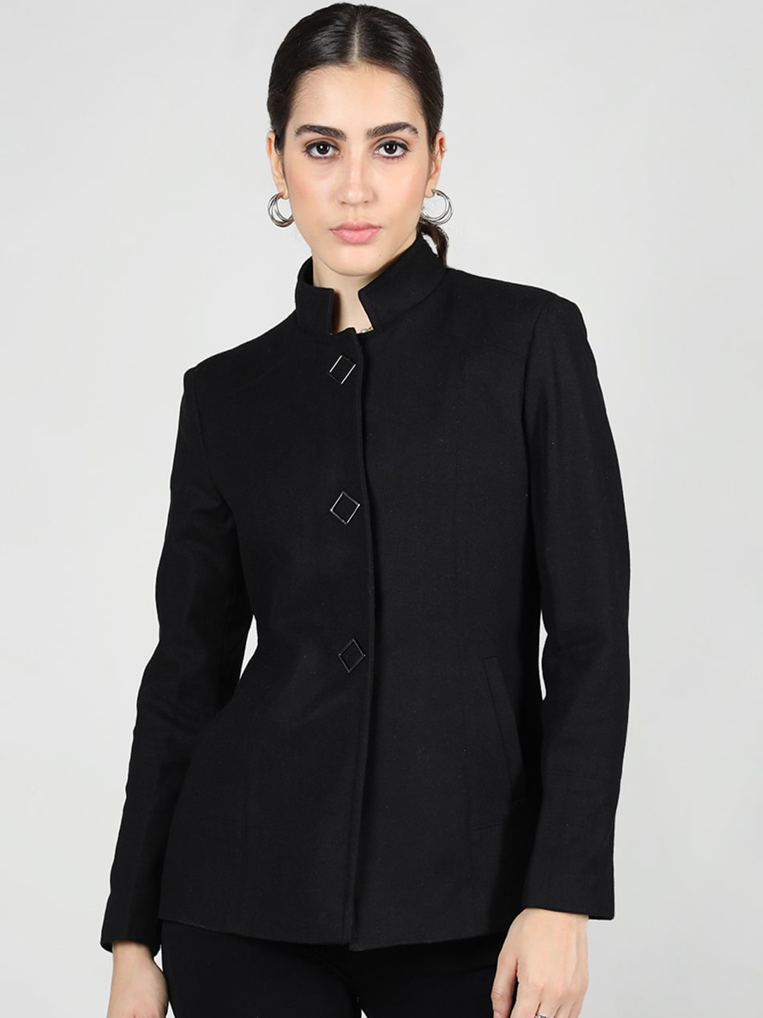 

PROTEX Mandarin Collar Single-Breasted Overcoat, Black