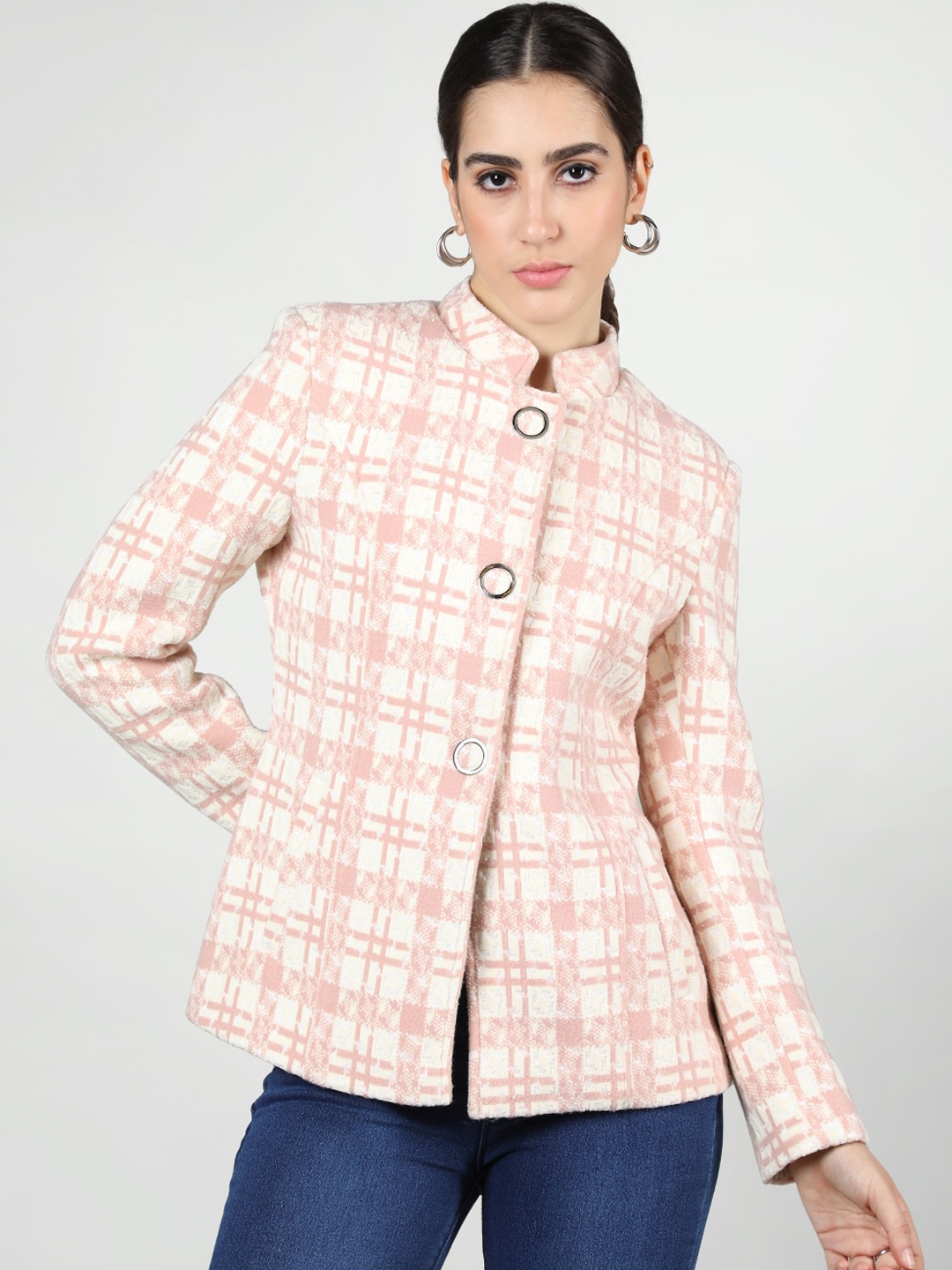 

PROTEX Checked Mandarin Collar Woolen Stylish Coat, Pink