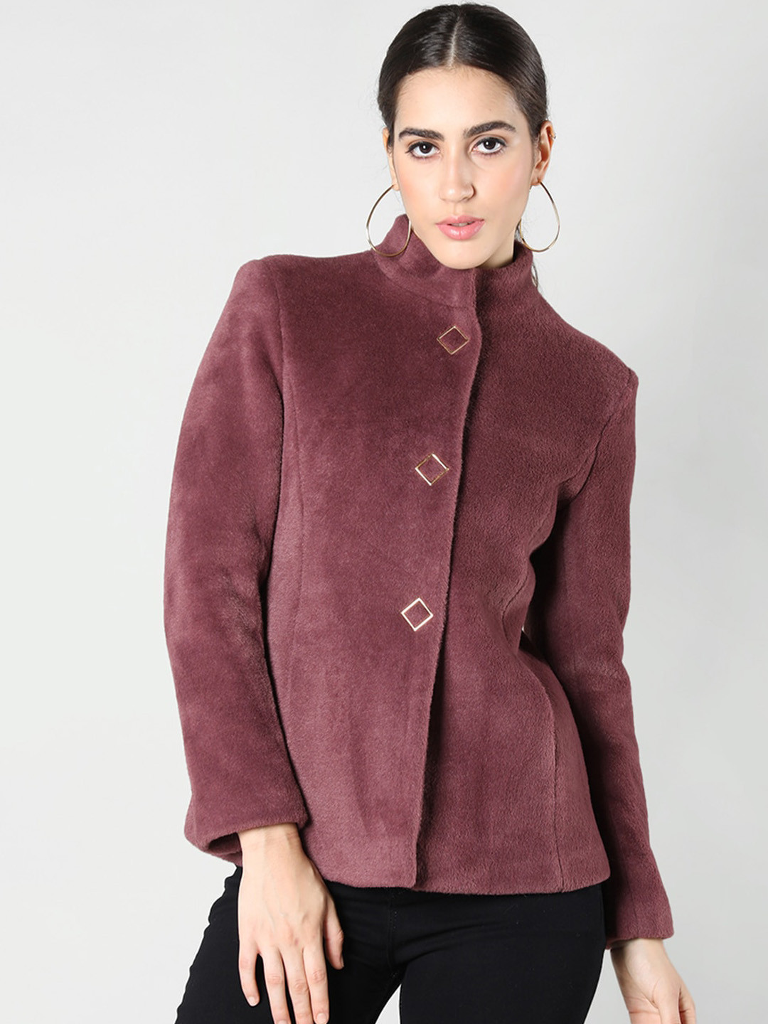 

PROTEX Mandarin Collar Woolen Winter Overcoat, Maroon