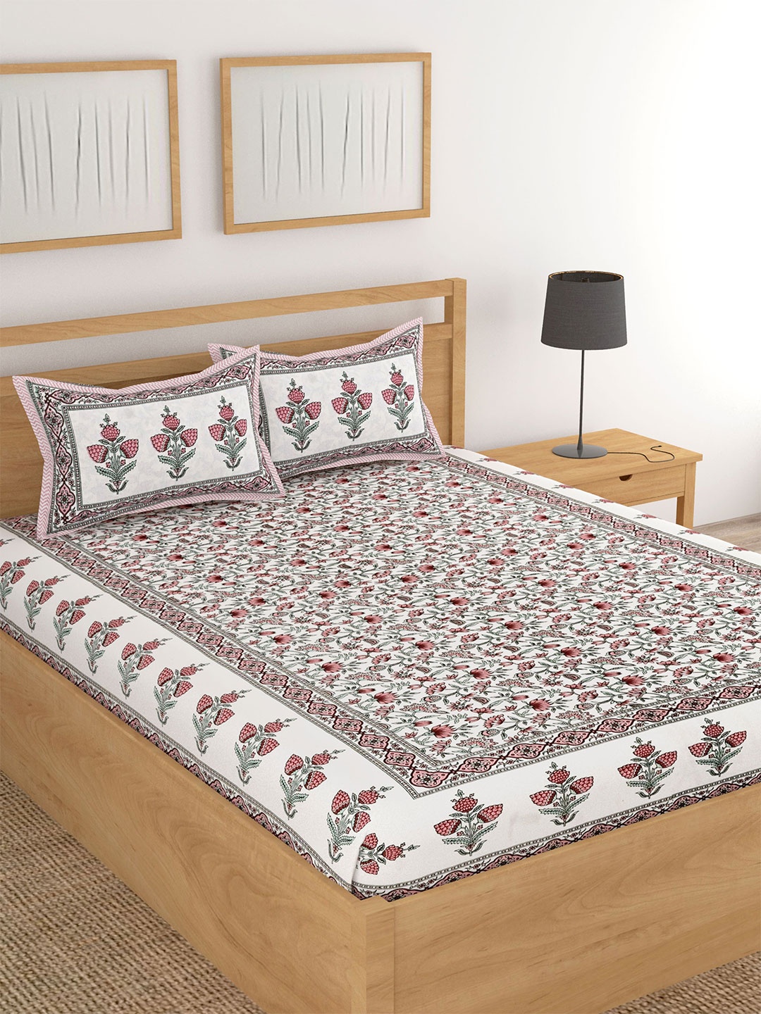 

Lali Prints White & Pink Floral Printed Cotton 180 TC King Bedsheet with 2 Pillow Covers