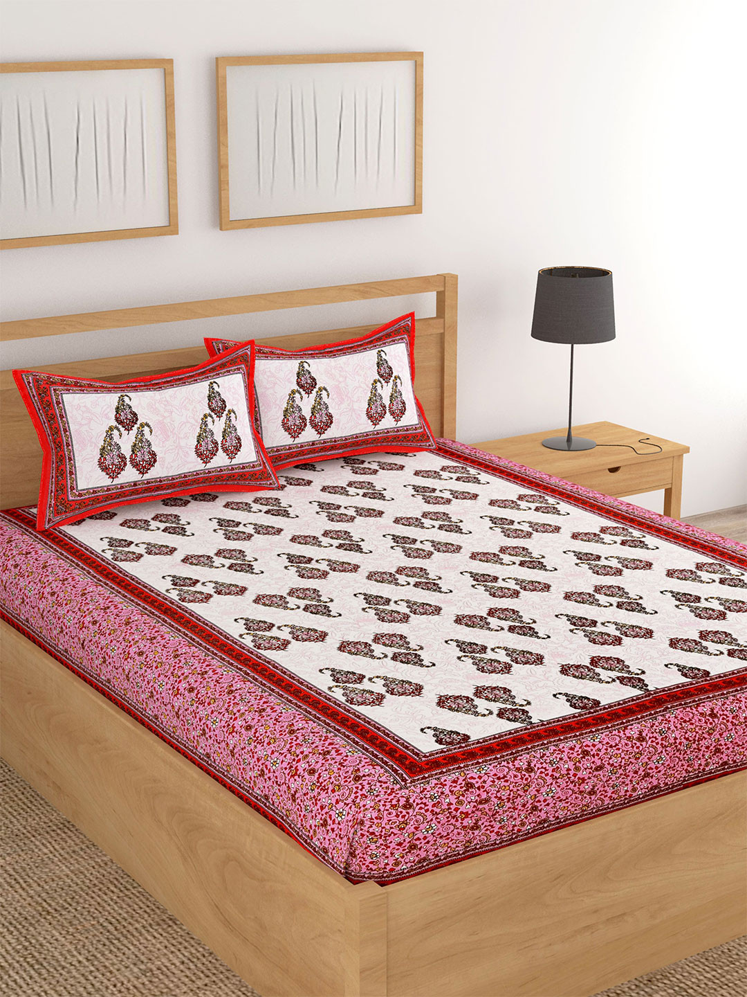 

Lali Prints White & Pink Floral Cotton 180 TC King Bedsheet With 2 Pillow Covers