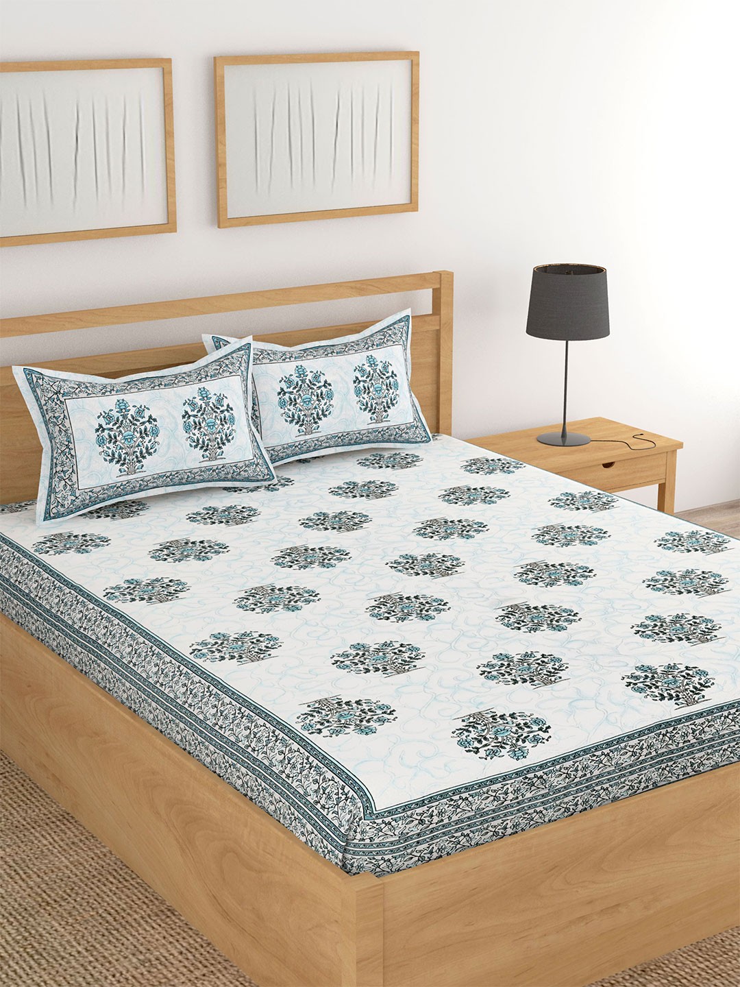 

Lali Prints White & Blue Floral Printed Cotton 180 TC King Bedsheet with 2 Pillow Covers