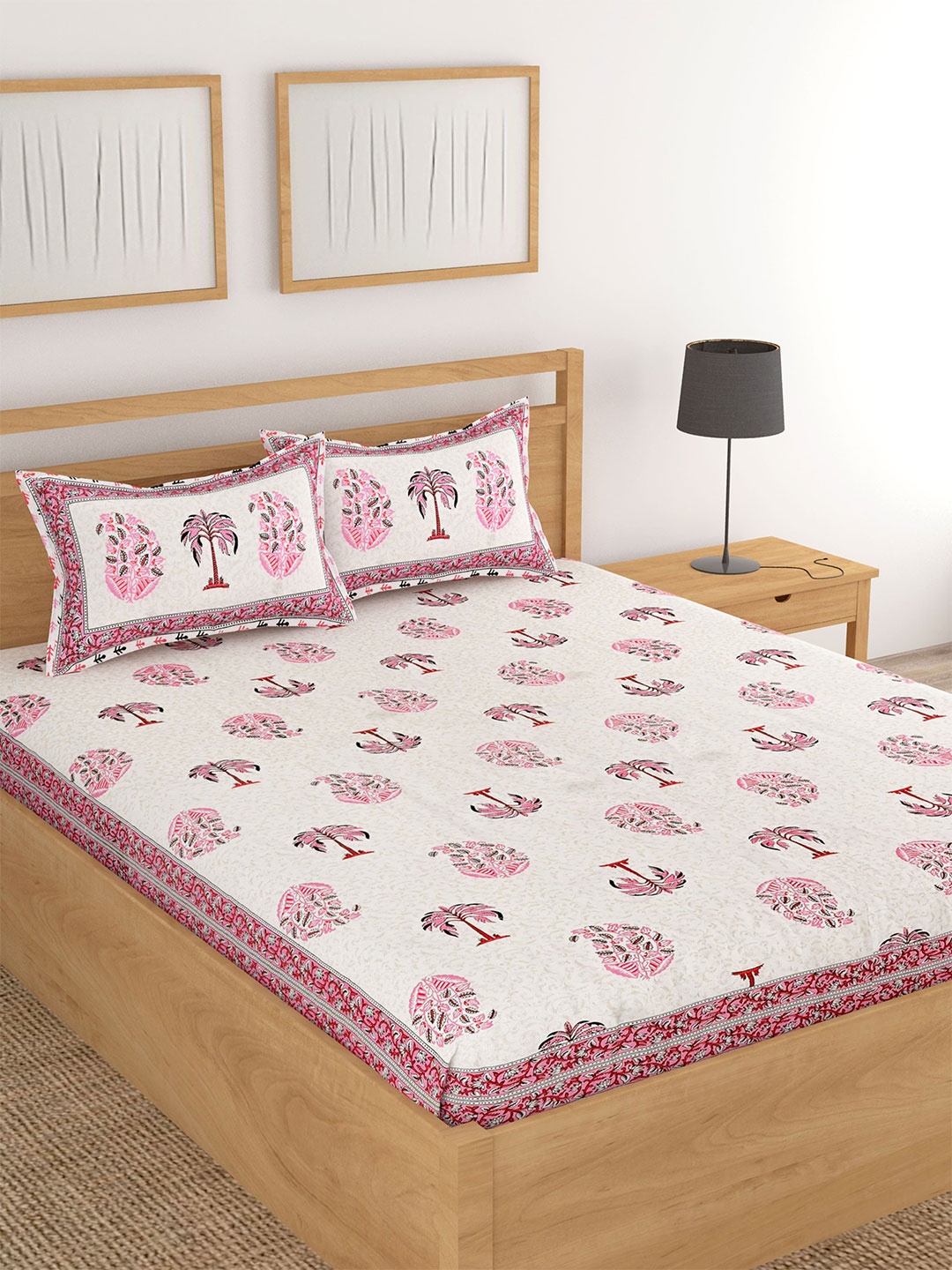 

Lali Prints White & Pink Floral Printed Cotton 180 TC King Bedsheet with 2 Pillow Covers