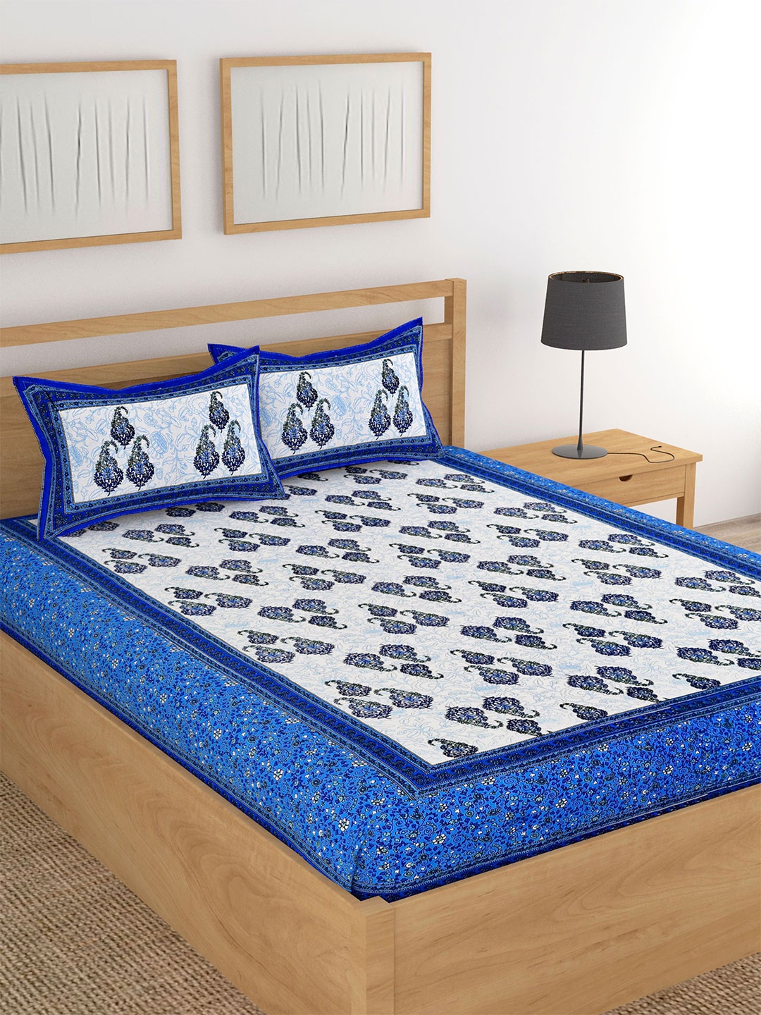 

Lali Prints Jaipuri White & Blue Cotton 180 TC King Bedsheet with 2 Pillow Covers