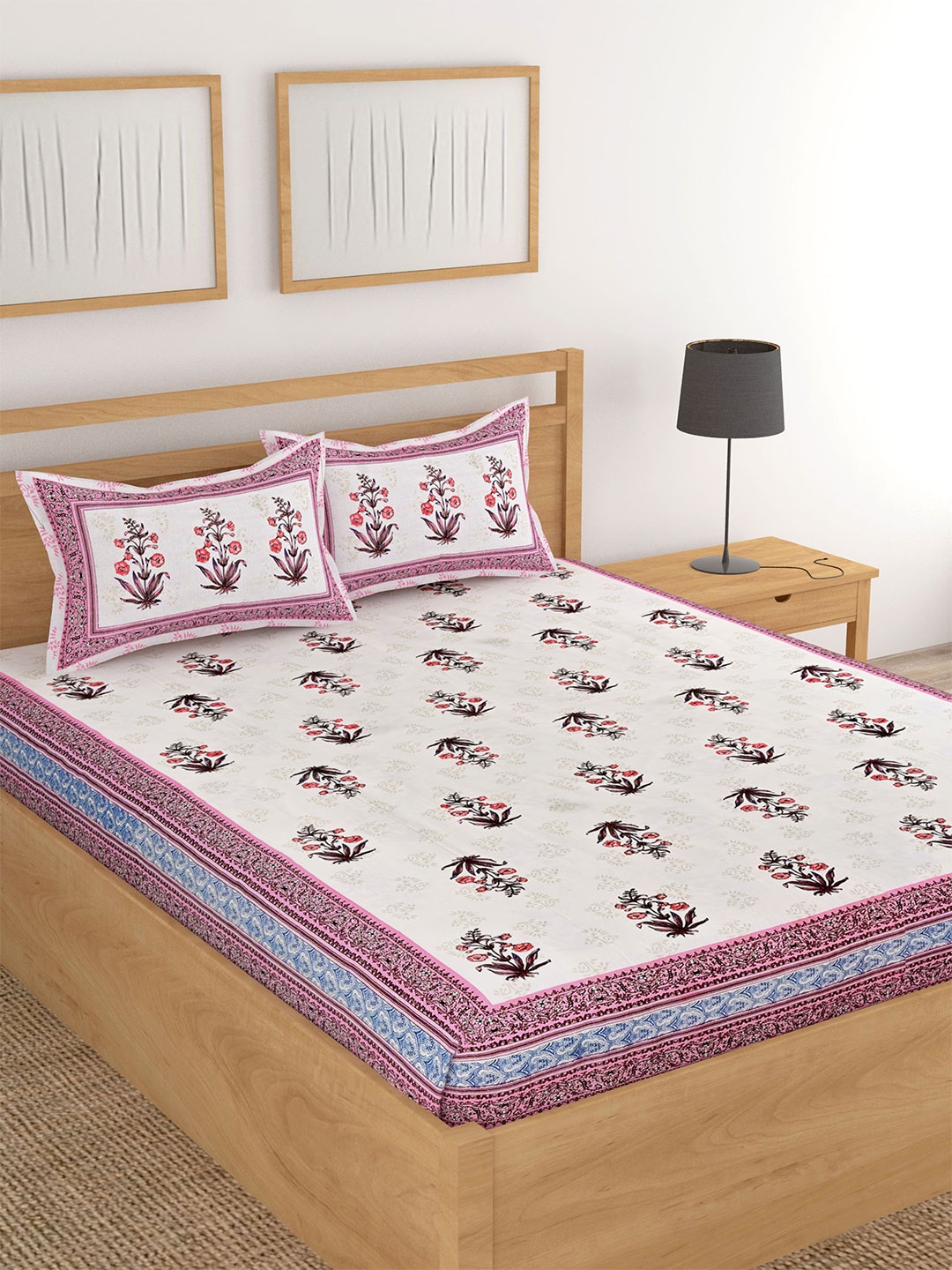 

Lali Prints White & Pink Ethnic Motifs Cotton 180 TC King Bedsheet with 2 Pillow Covers