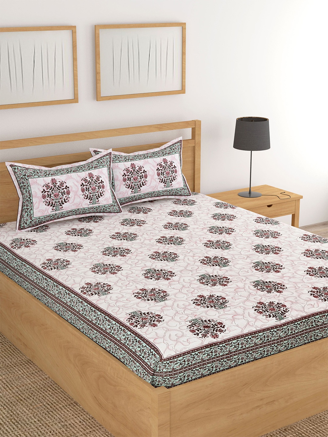 

Lali Prints Pink & Green Floral Cotton 180 TC King Bedsheet With 2 Pillow Covers