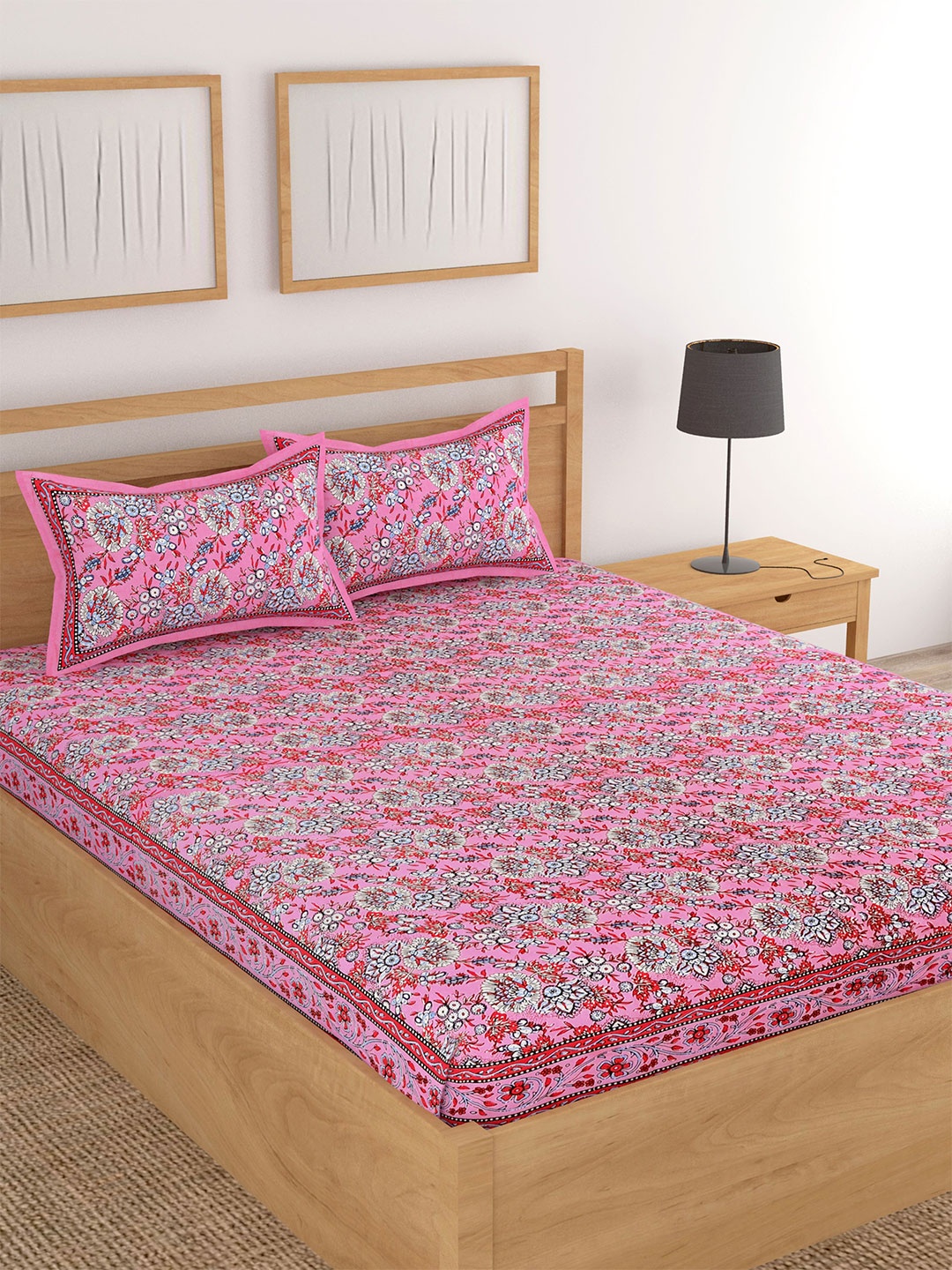 

Lali Prints Pink & White Floral Cotton 180 TC King Bedsheet With 2 Pillow Covers