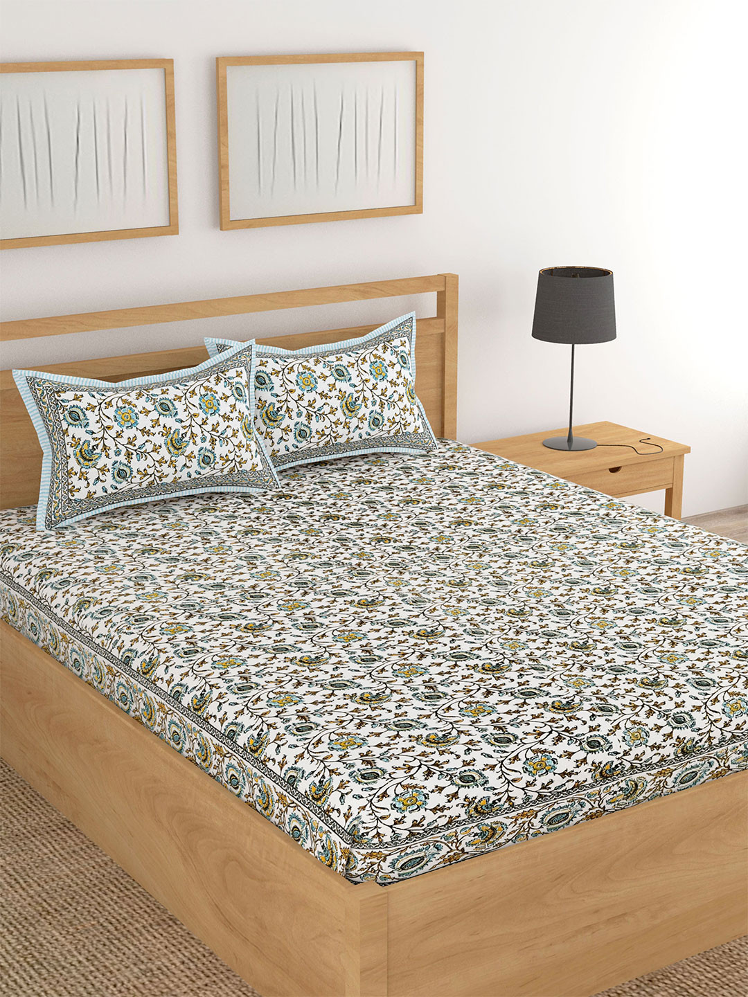 

Lali Prints Green & White Floral Printed Cotton 180 TC King Bedsheet with 2 Pillow Covers