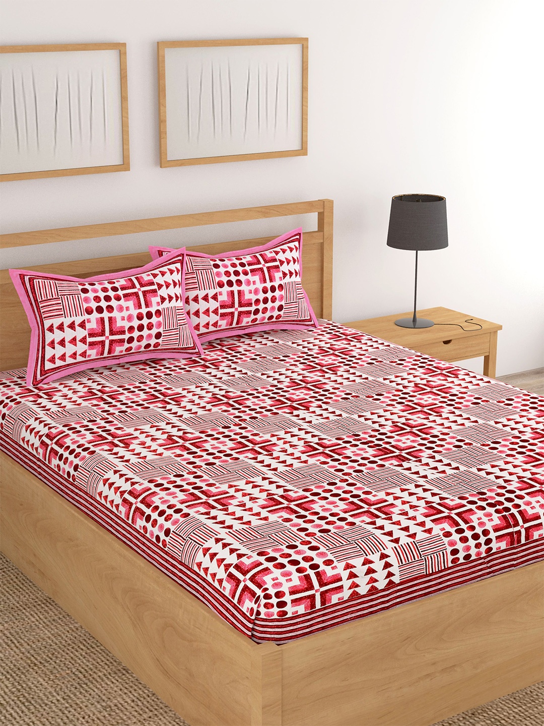 

Lali Prints Pink & White Printed Cotton 180 TC King Bedsheet with 2 Pillow Covers