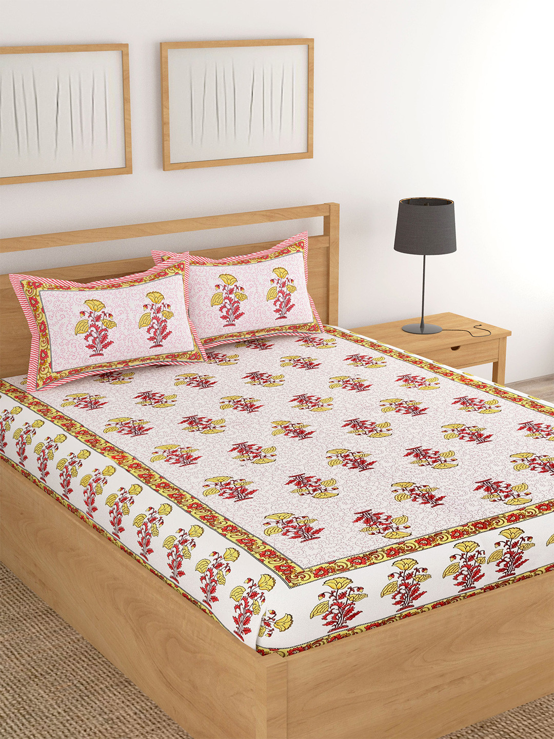 

Lali Prints White & Peach Printed Cotton 180 TC King Bedsheet with 2 Pillow Covers