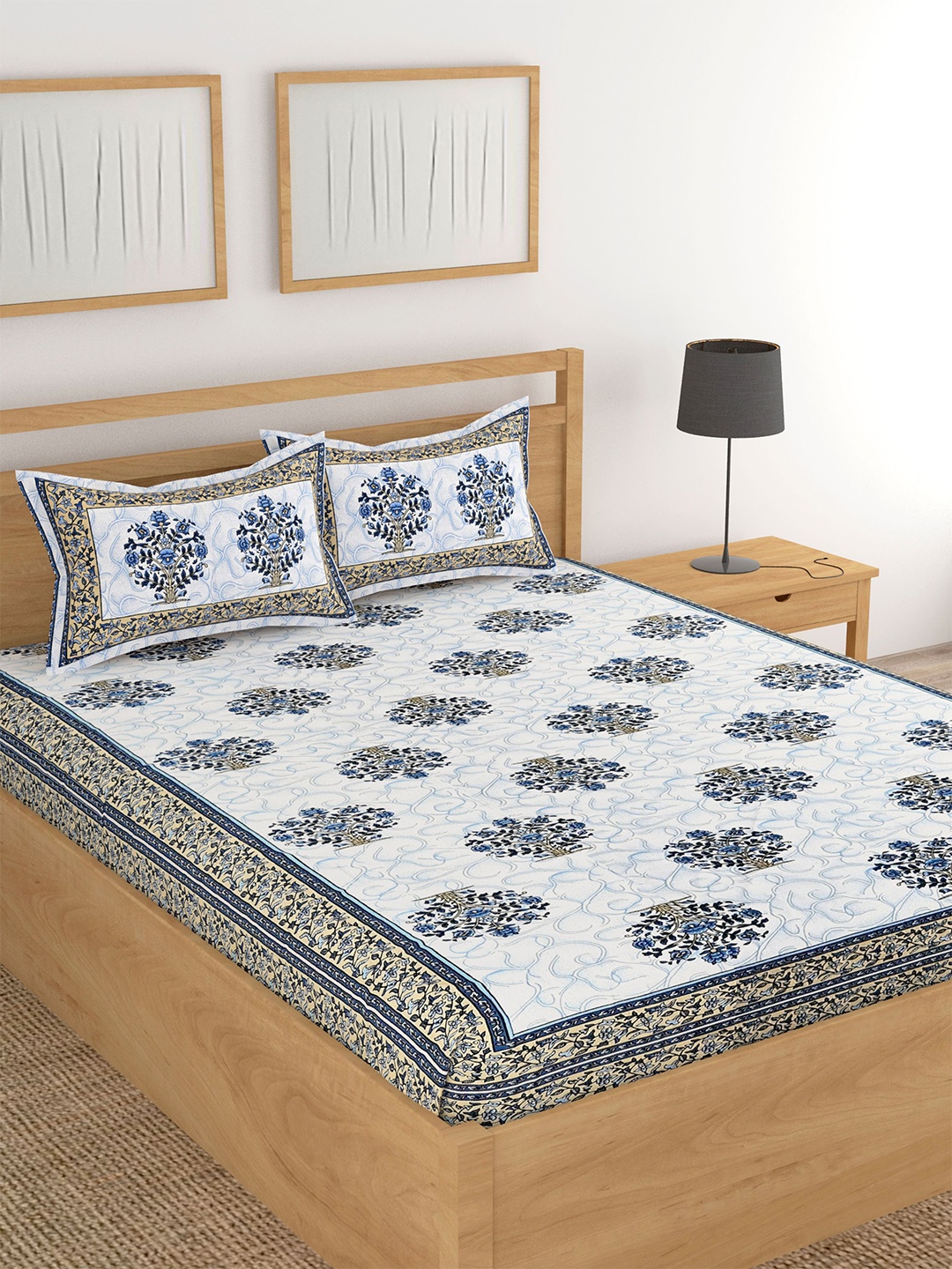 

Lali Prints Jaipuri White & Blue Cotton 180 TC King Bedsheet with 2 Pillow Covers