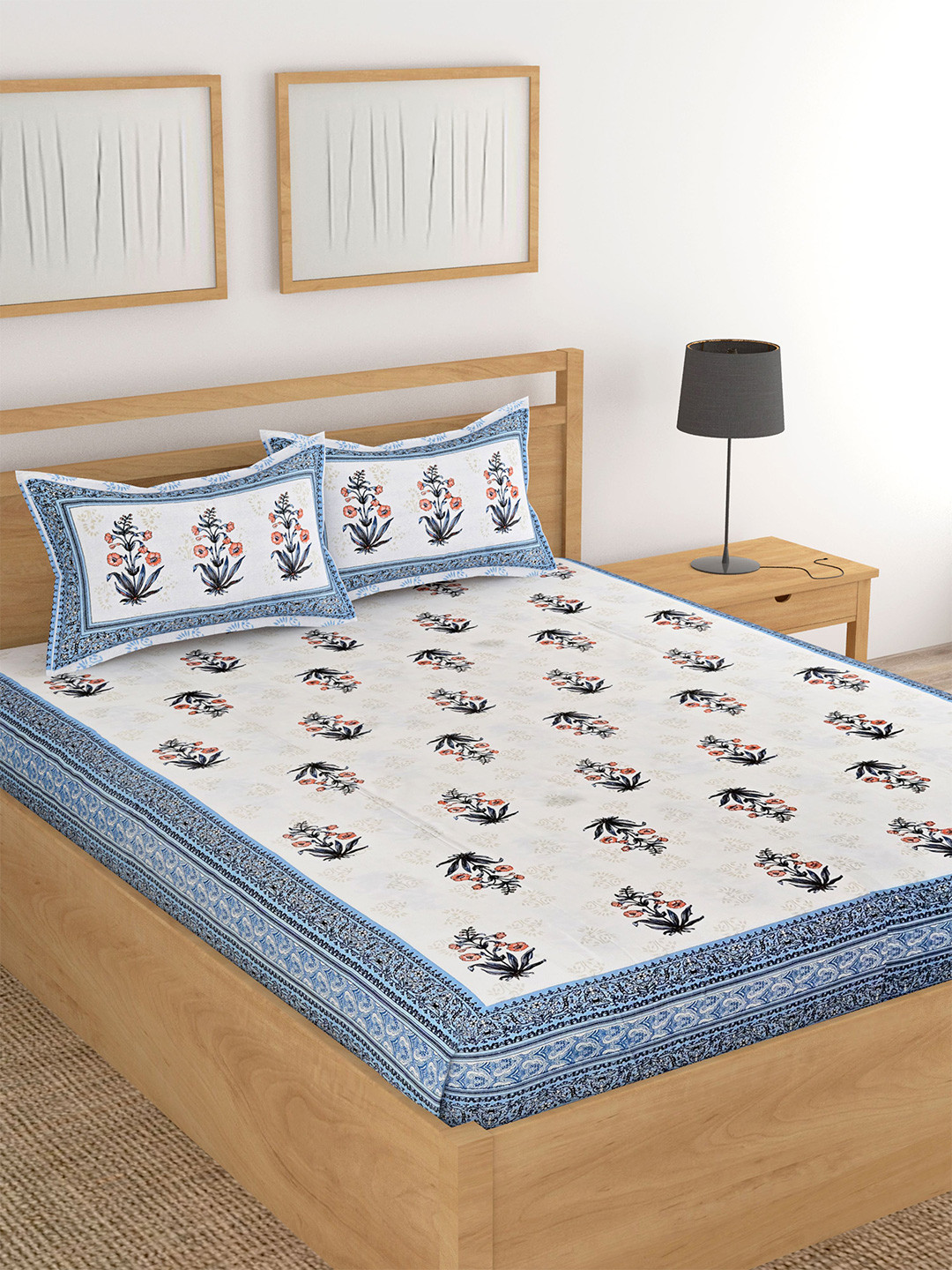 

Lali Prints White & Blue Floral Printed Cotton 180 TC King Bedsheet with 2 Pillow Covers
