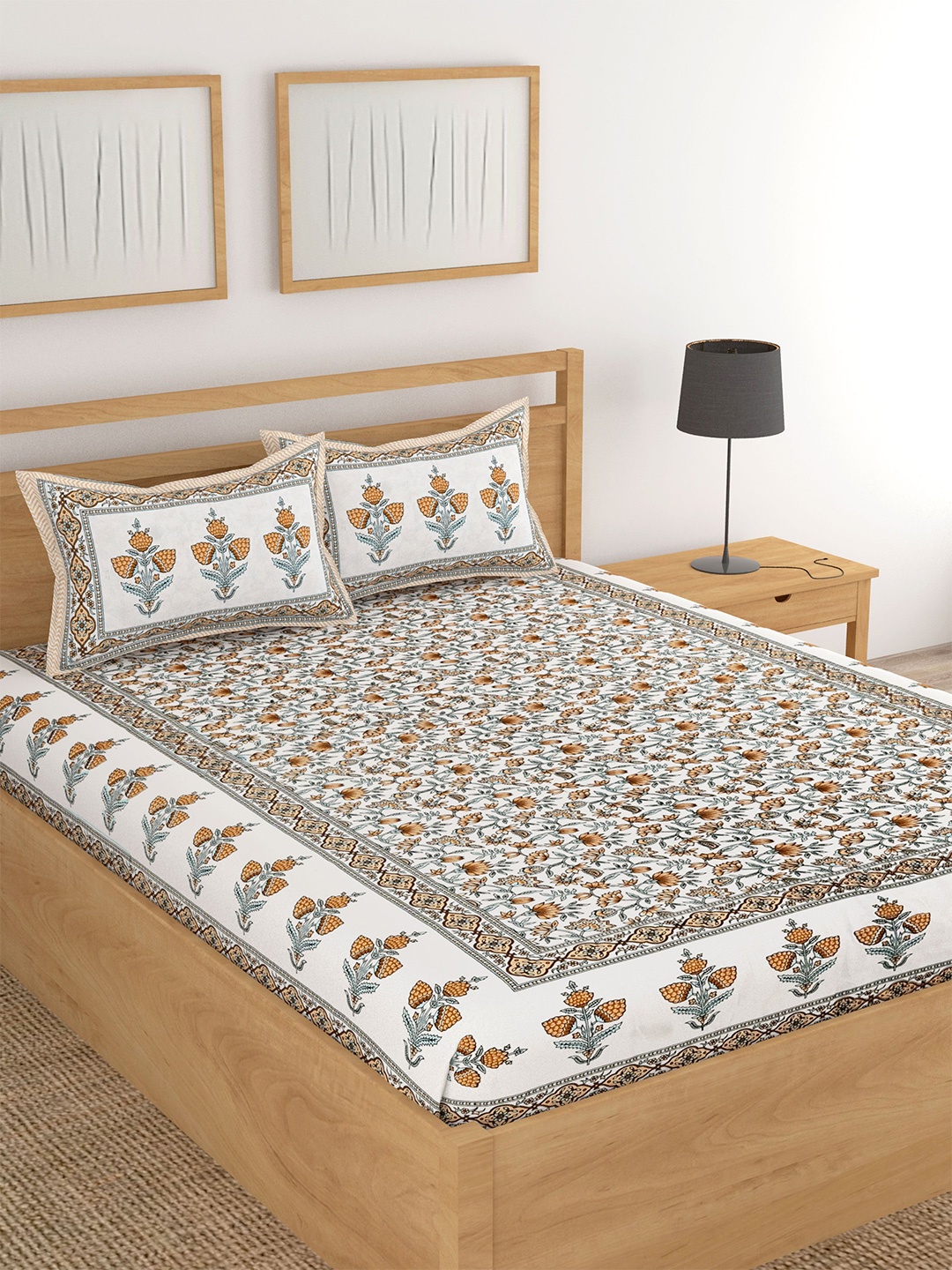 

Lali Prints White & Brown Floral Printed Cotton 180 TC King Bedsheet with 2 Pillow Covers
