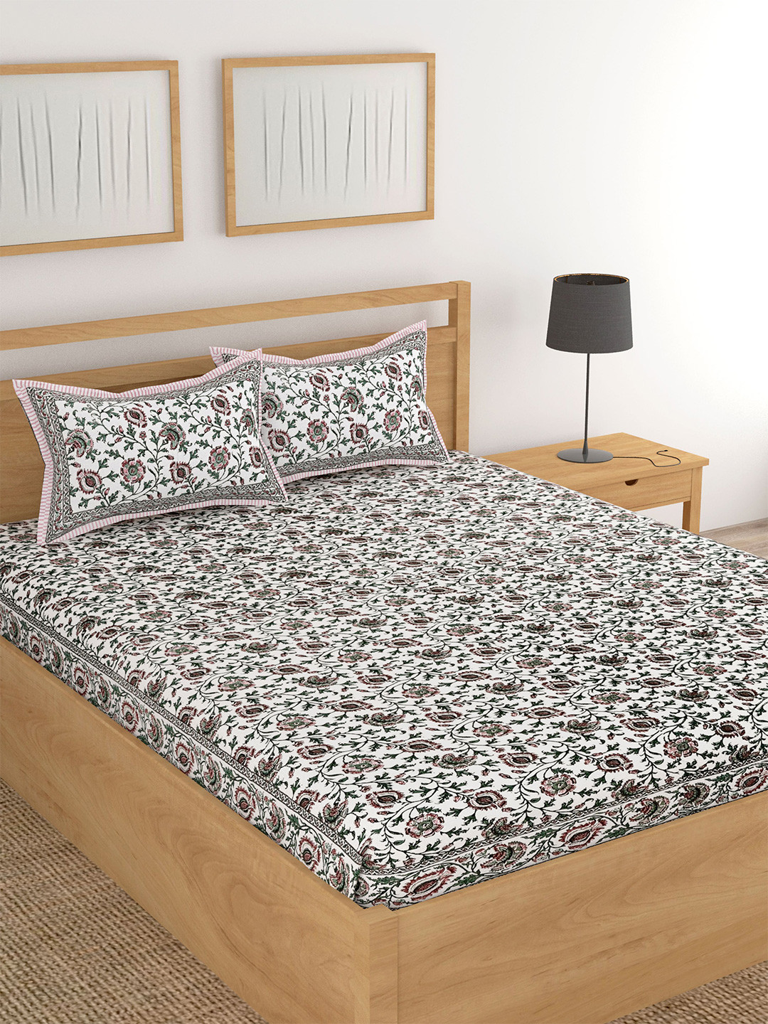 

Lali Prints White & Green Floral Printed Cotton 180 TC King Bedsheet with 2 Pillow Covers